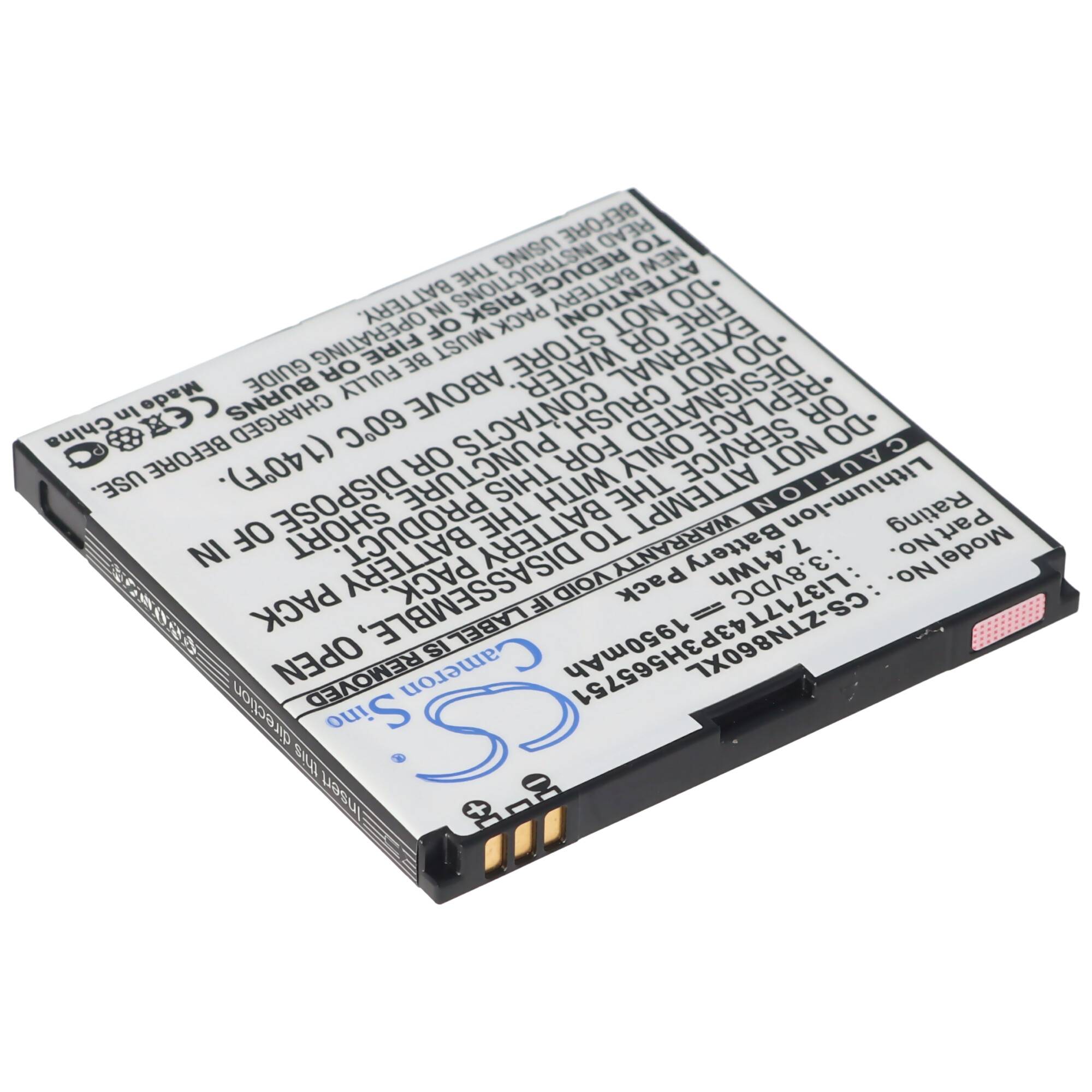 Eine kleine rechteckige wiederaufladbare Lithium-Ionen-Handybatterie mit bedrucktem Warntext und Modelltext, isoliert auf weißem Hintergrund dargestellt.