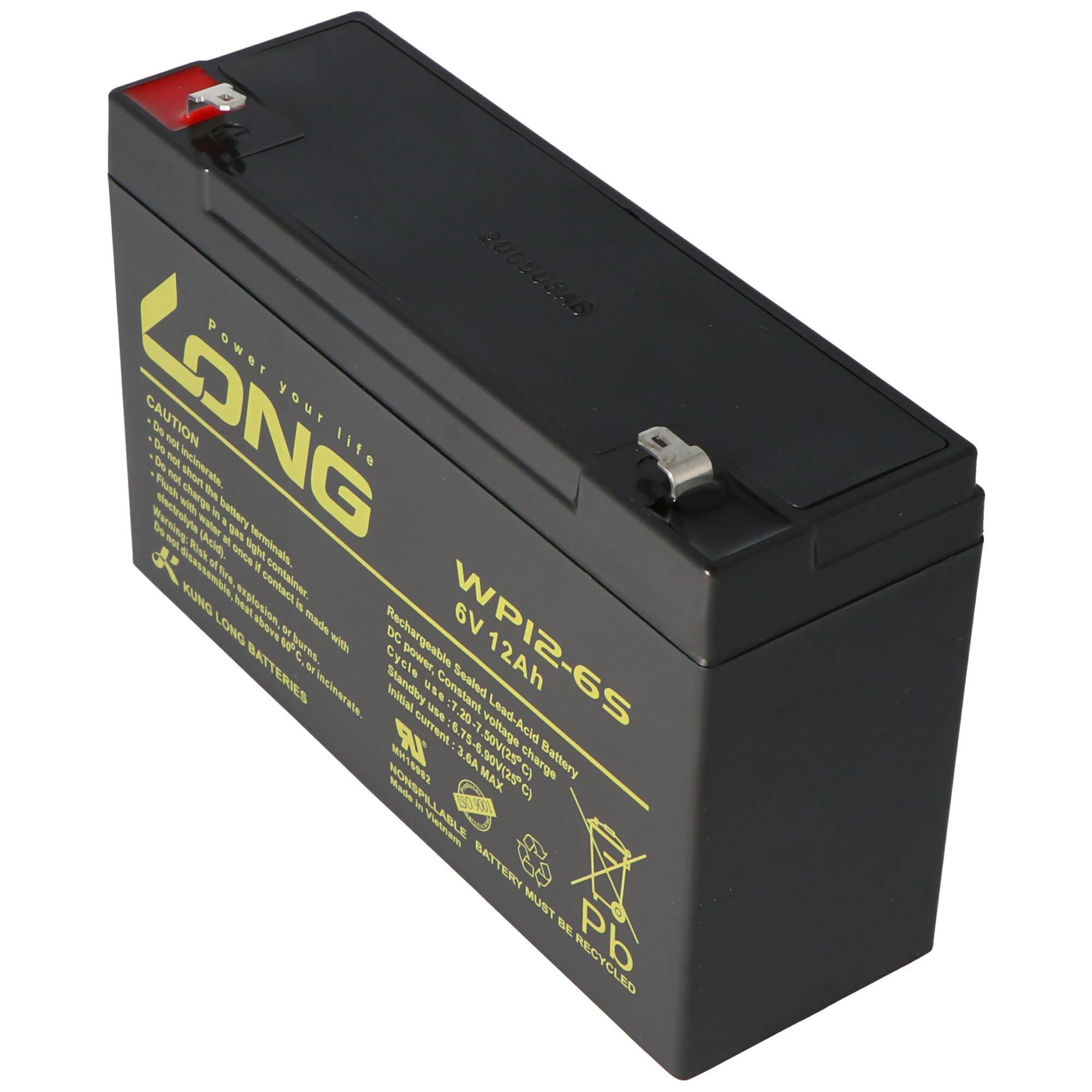 Schwarze rechteckige wiederaufladbare Batterie mit roten und silbernen Anschlüssen und gelber Beschriftung an der Seite.