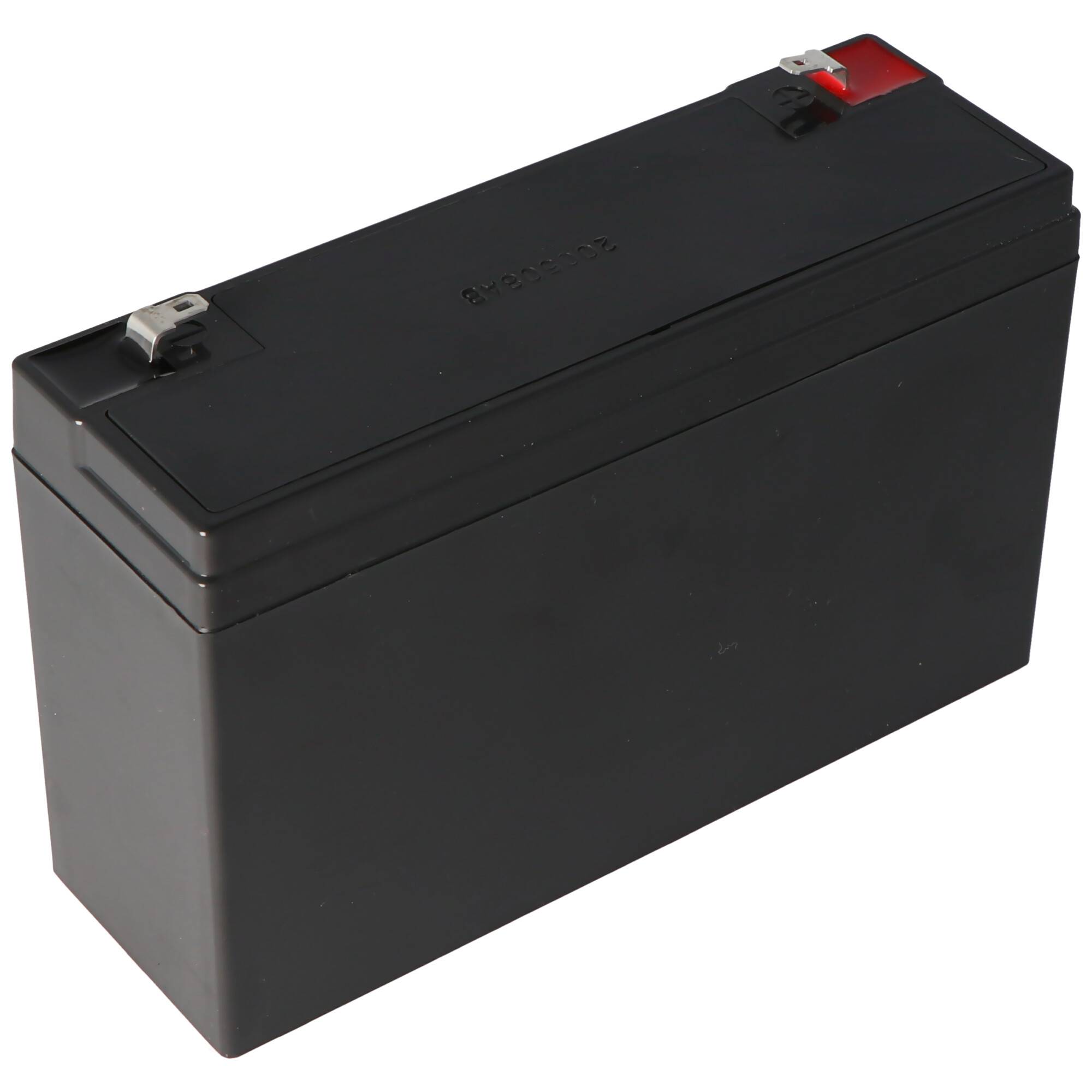 Schwarze rechteckige wiederaufladbare Batterie mit Metallsteckkontakten oben, isoliert auf weißem Hintergrund dargestellt.