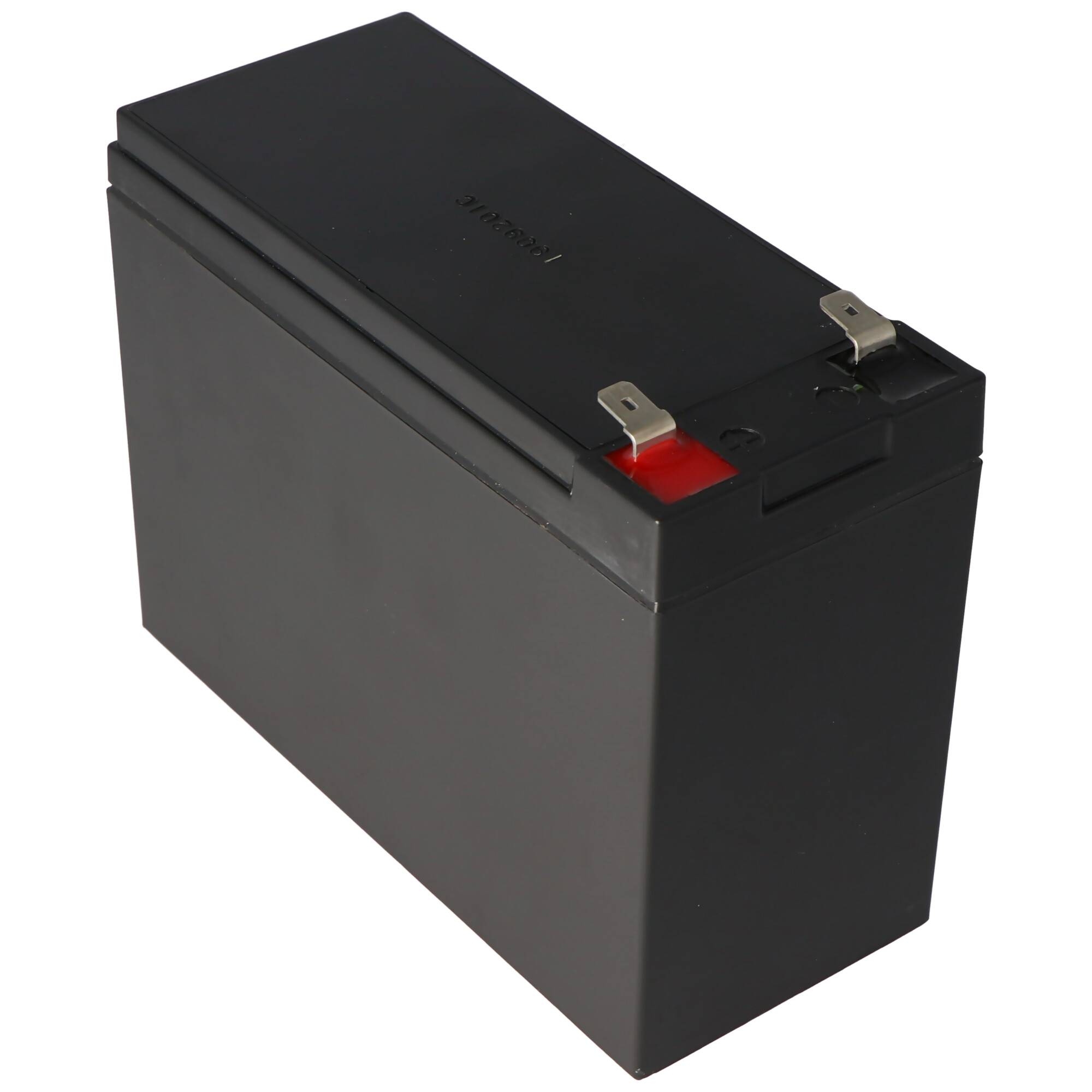 Schwarze rechteckige wiederaufladbare Batterie mit Metallklemmen, auf weißem Hintergrund dargestellt.