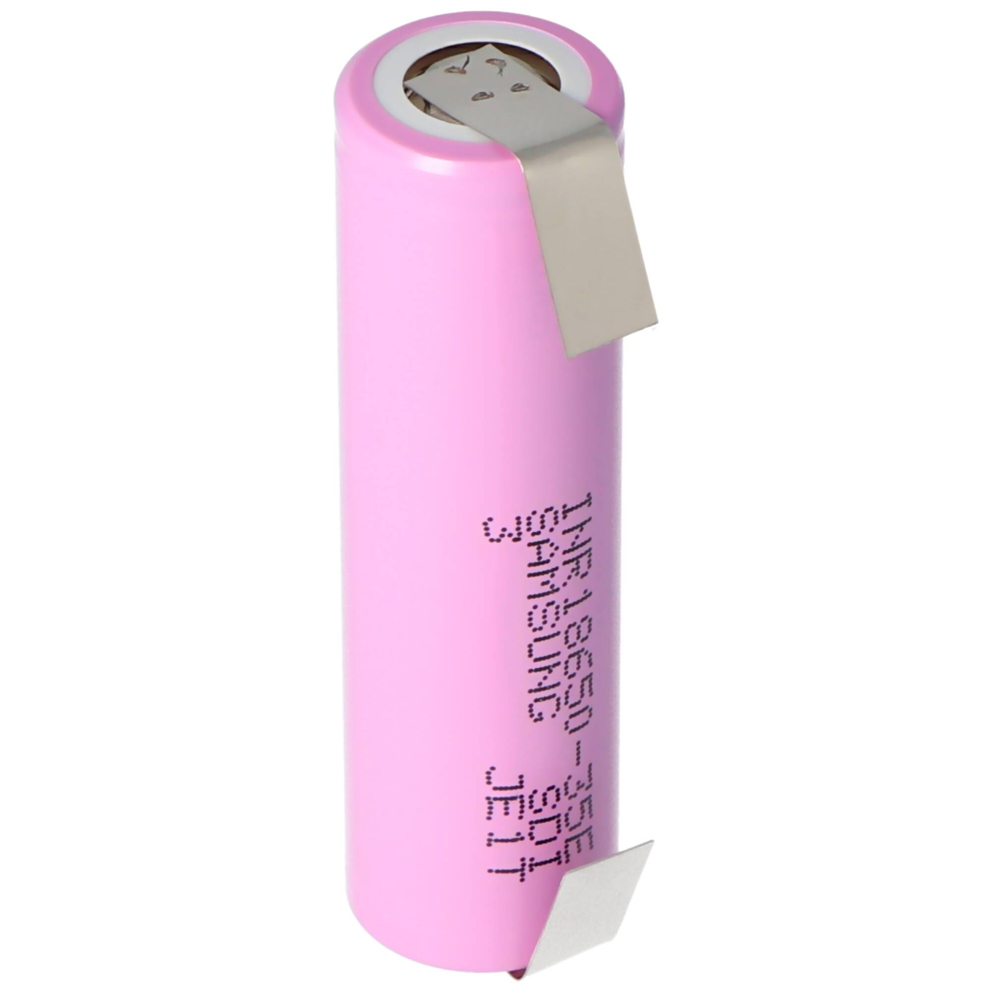 Rosa zylindrische Batteriezelle mit silbernem Lappen, isoliert auf weißem Hintergrund dargestellt.