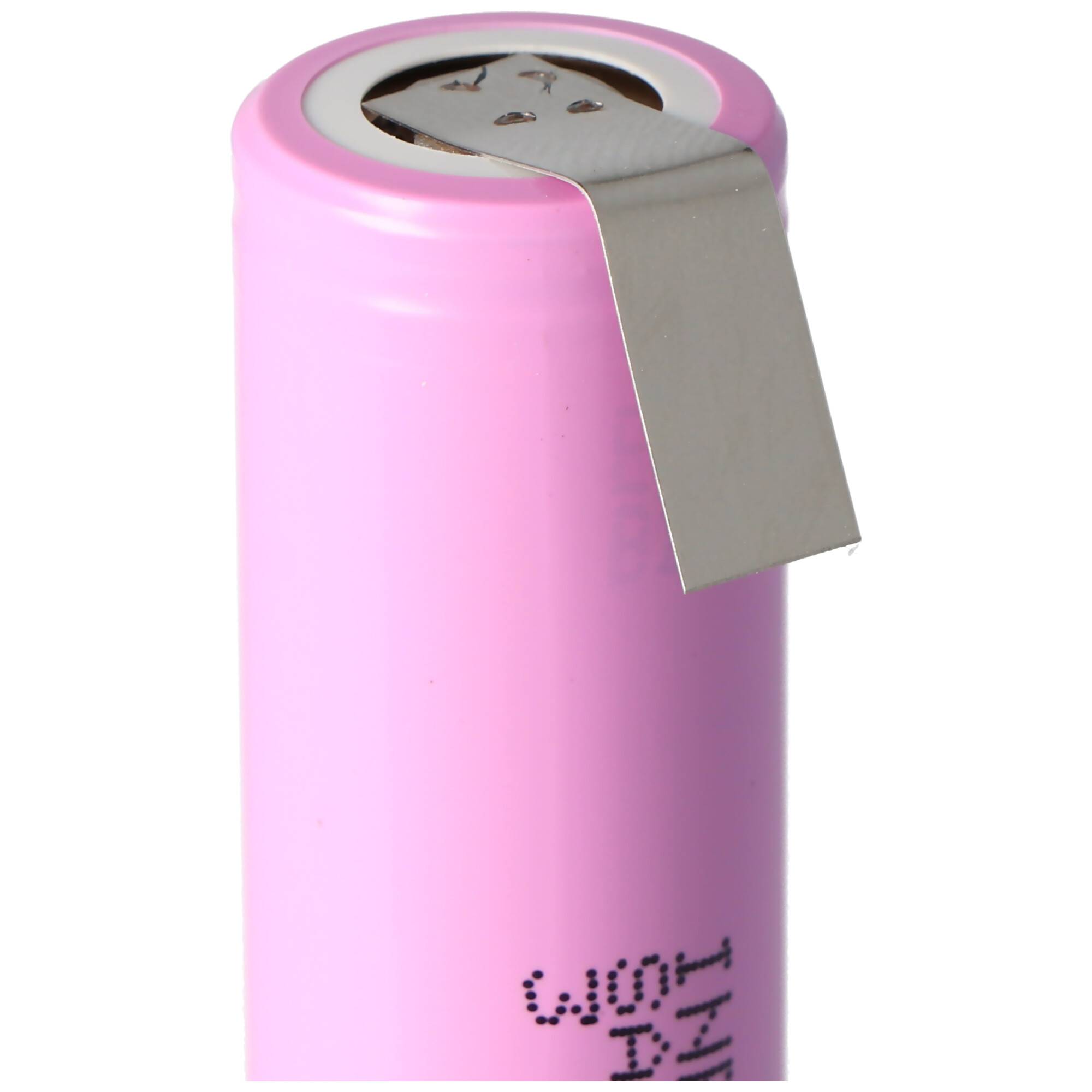 Rosa zylindrische Batterie mit einer Metallzuglasche oben, gezeigt vor einem einfachen weißen Hintergrund.
