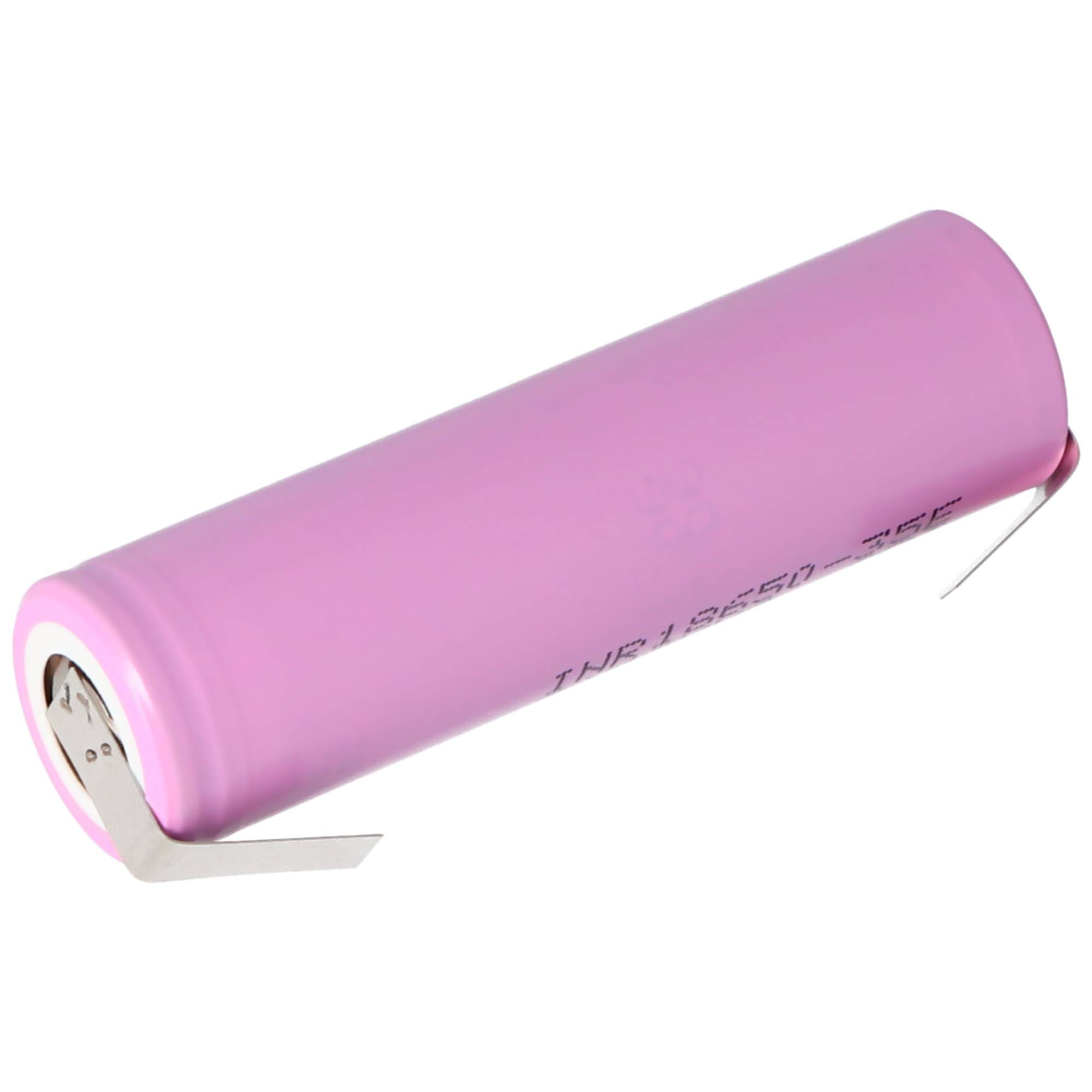 Rosa zylindrische Lithium-Ionen-Batteriezelle mit Metallfahnen an beiden Enden, gezeigt auf weißem Hintergrund.