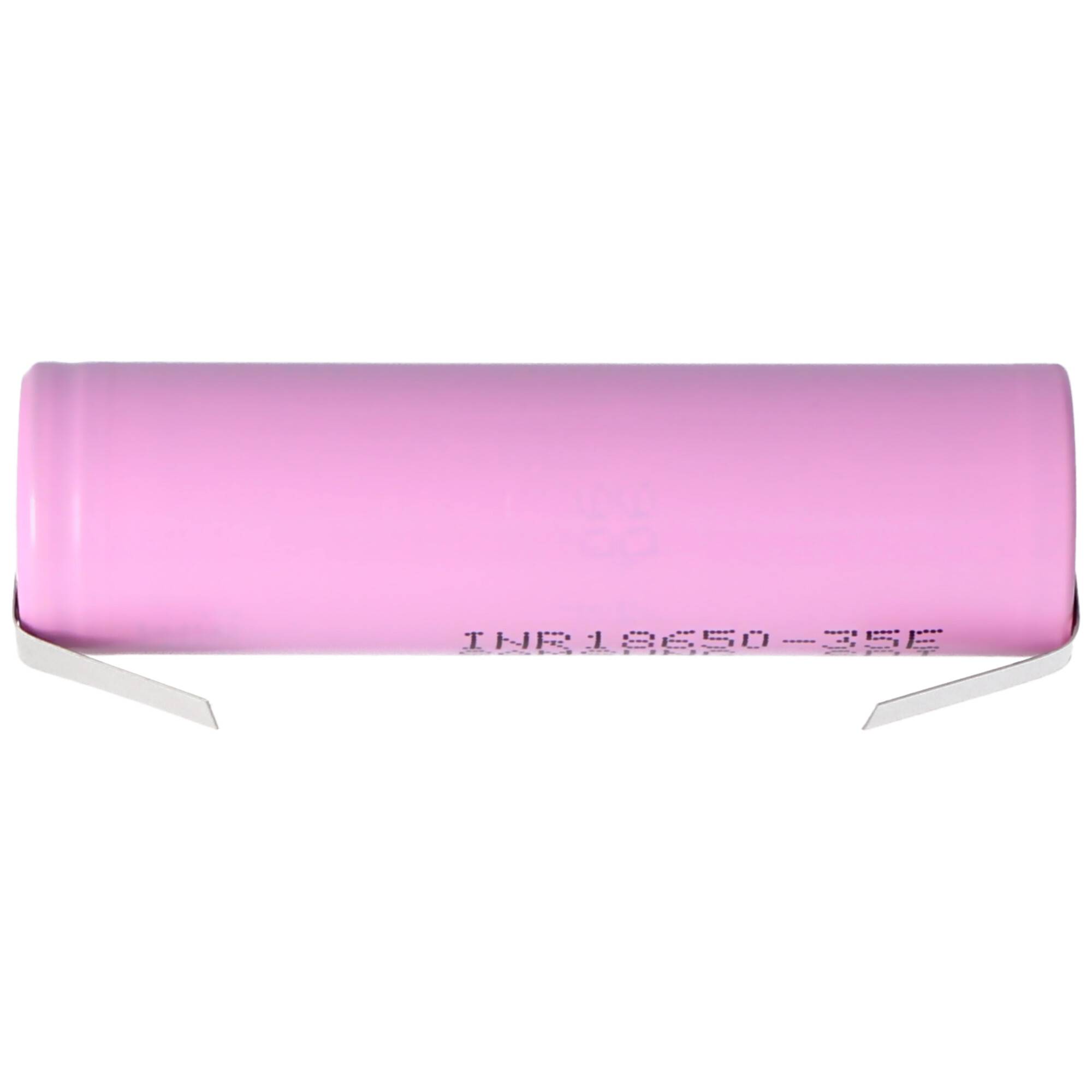Rosa zylindrische Batterie mit Metallösen und aufgedrucktem Code auf weißem Hintergrund.