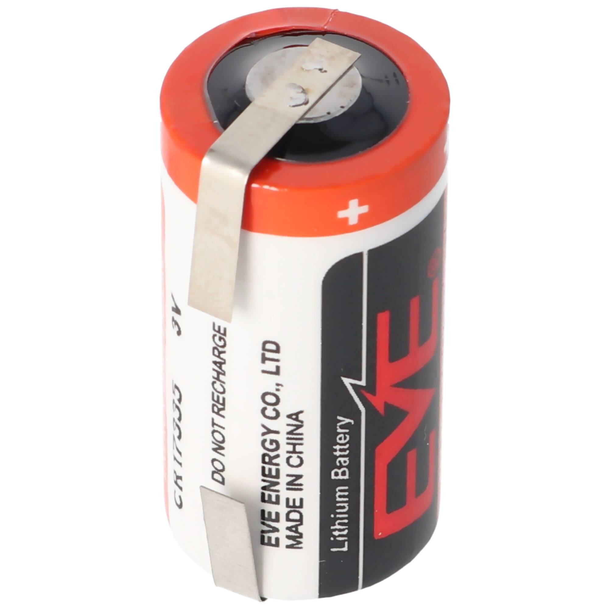 Einzelne Lithium-Batteriezelle mit Metallkontaktstreifen oben, gekennzeichnet mit EVE und „Nicht aufladen