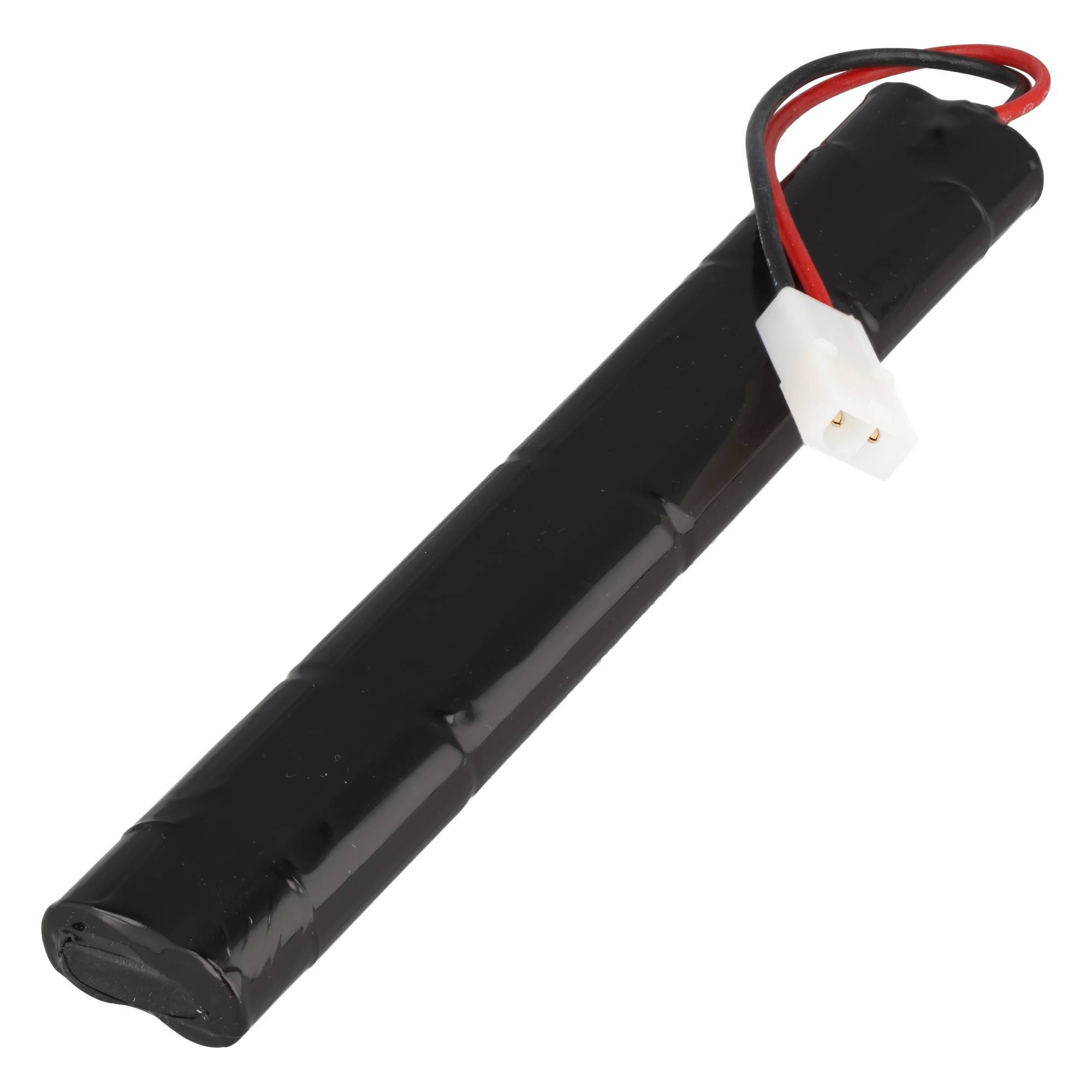 Schwarzes zylindrisches Batteriepack mit roten und schwarzen Kabeln und einem weißen Stecker auf einfachem Hintergrund.
