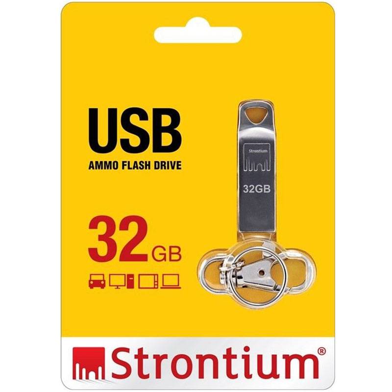 Verpackung für ein Strontium 32GB USB-Munitions-Flash-Laufwerk auf einer gelben Karte, mit dem Laufwerk und Schlüsselbeschriftungen "USB"" und ""32GB"".