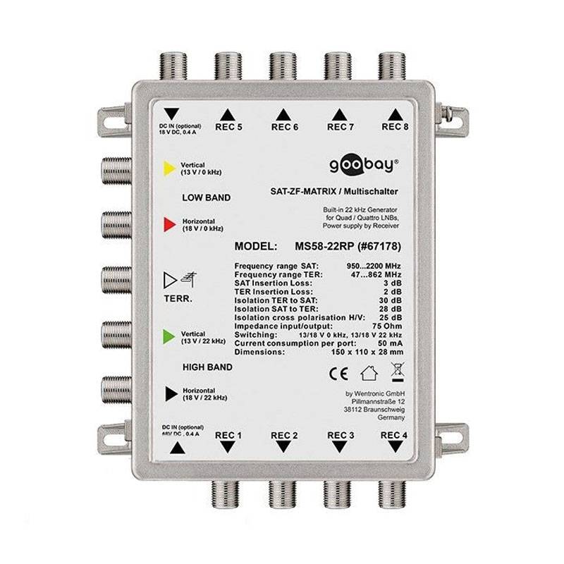 Passiver SAT Multischalter mit fünf Eingängen und acht Ausgängen, ohne zusätzliche 230 Volt Stromversorgung, 4K Ultra HD