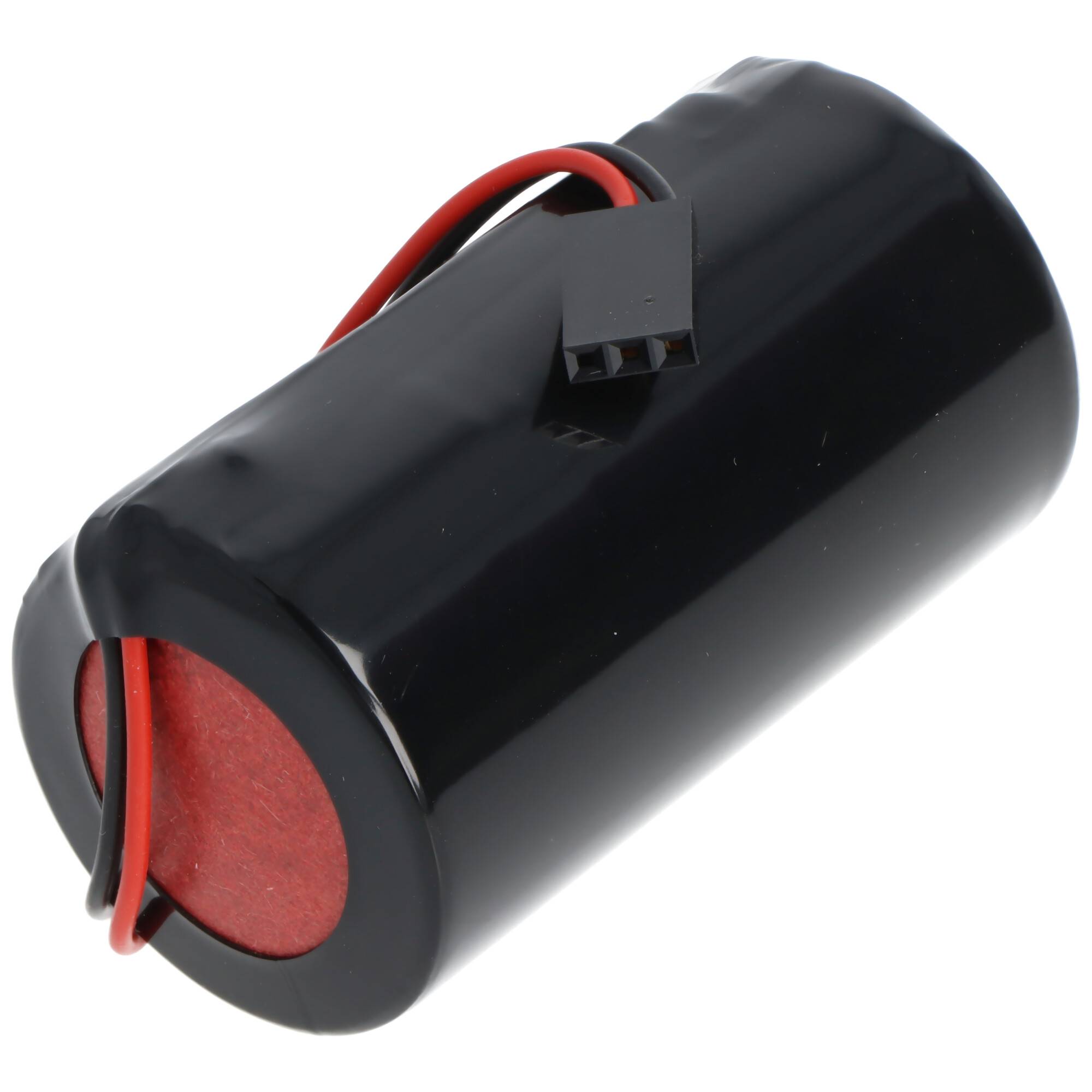 Schwarzes zylindrisches Batteriepaket mit roter Endkappe und angebrachten roten und schwarzen Drähten mit Stecker