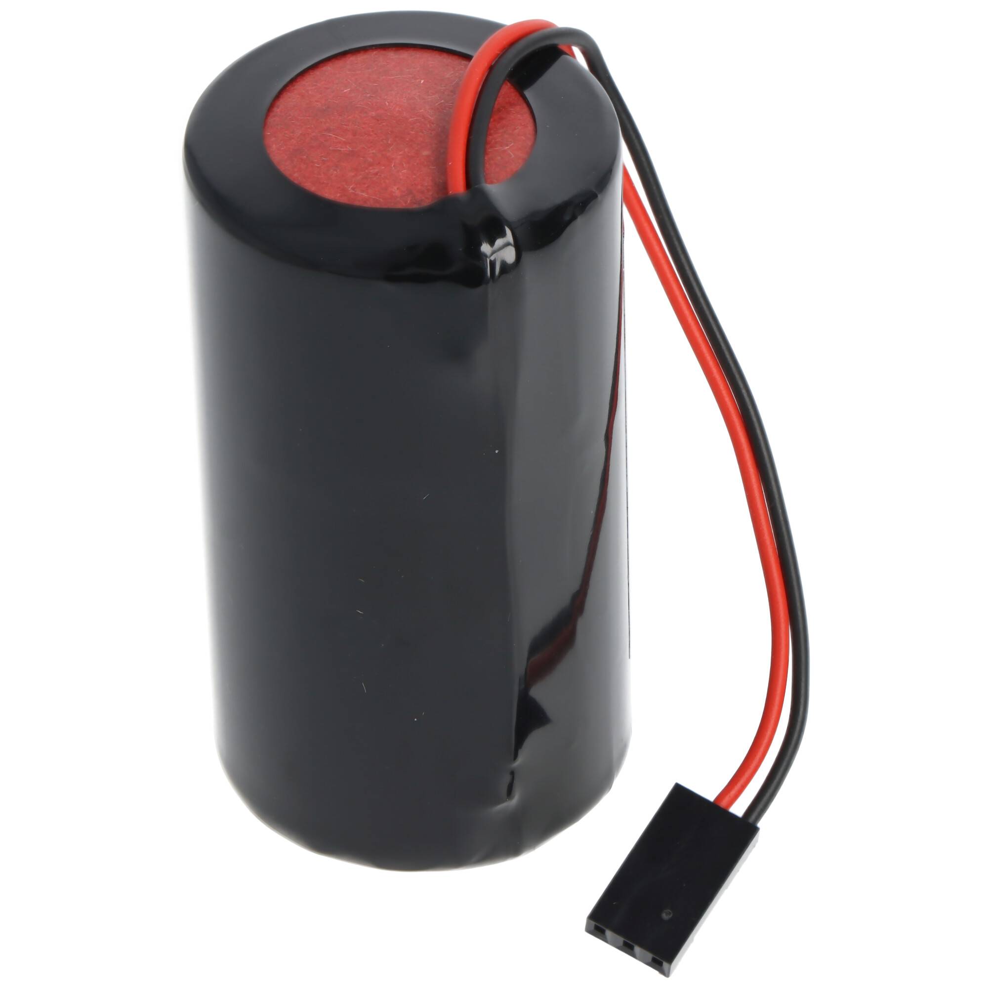 Schwarzes zylindrisches Batteriepaket mit roten und schwarzen Drähten, die in einem kleinen Stecker enden.