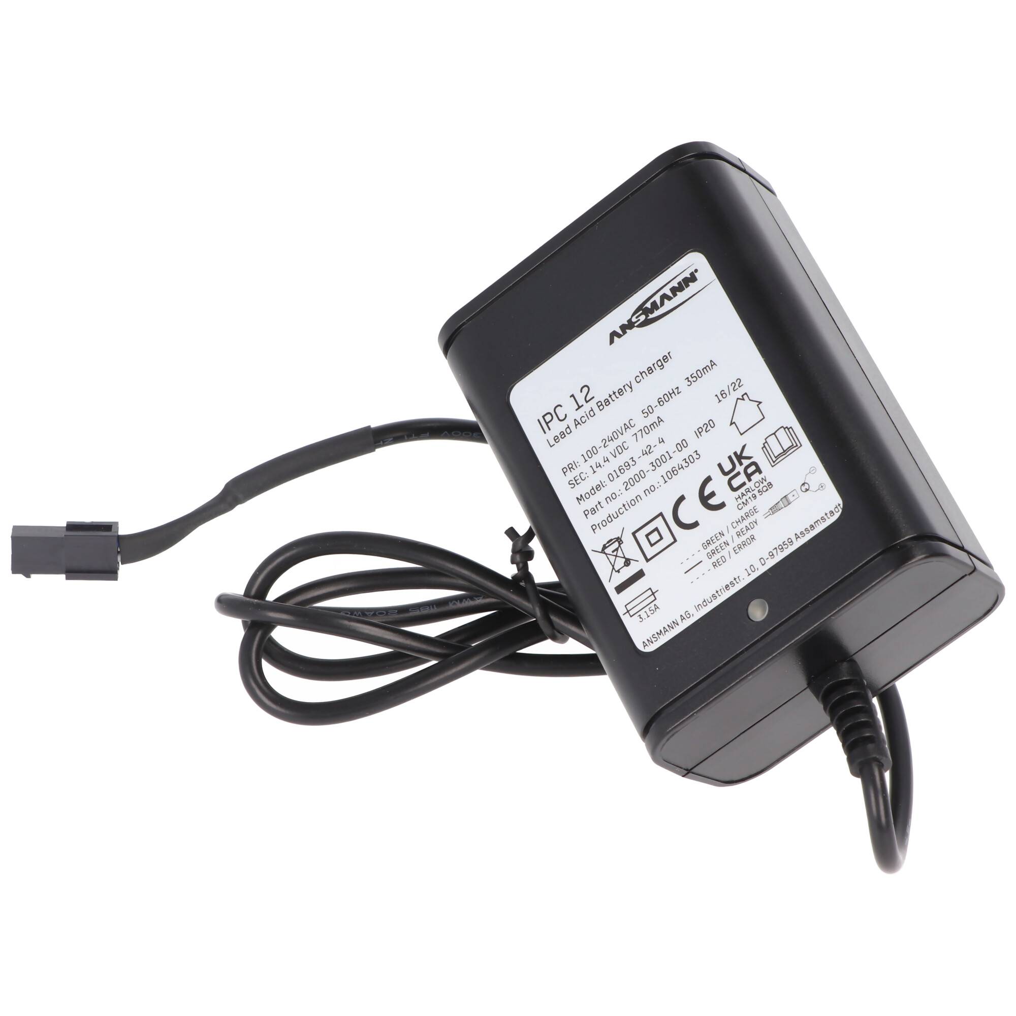 Automatik- Ladegerät passend für 2-24 Volt Bleiakkus mit Molex-Stecker-Anschluss mit Überladeschutz und Erhaltungsladung