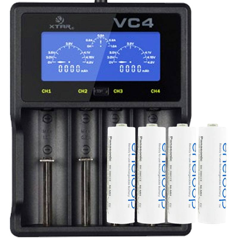 XTAR VC4 Schnell-Ladegerät inkl. 4 Panasonic eneloop Standard BK-3MCC1 AA Mignon Akkus + AkkuSafe