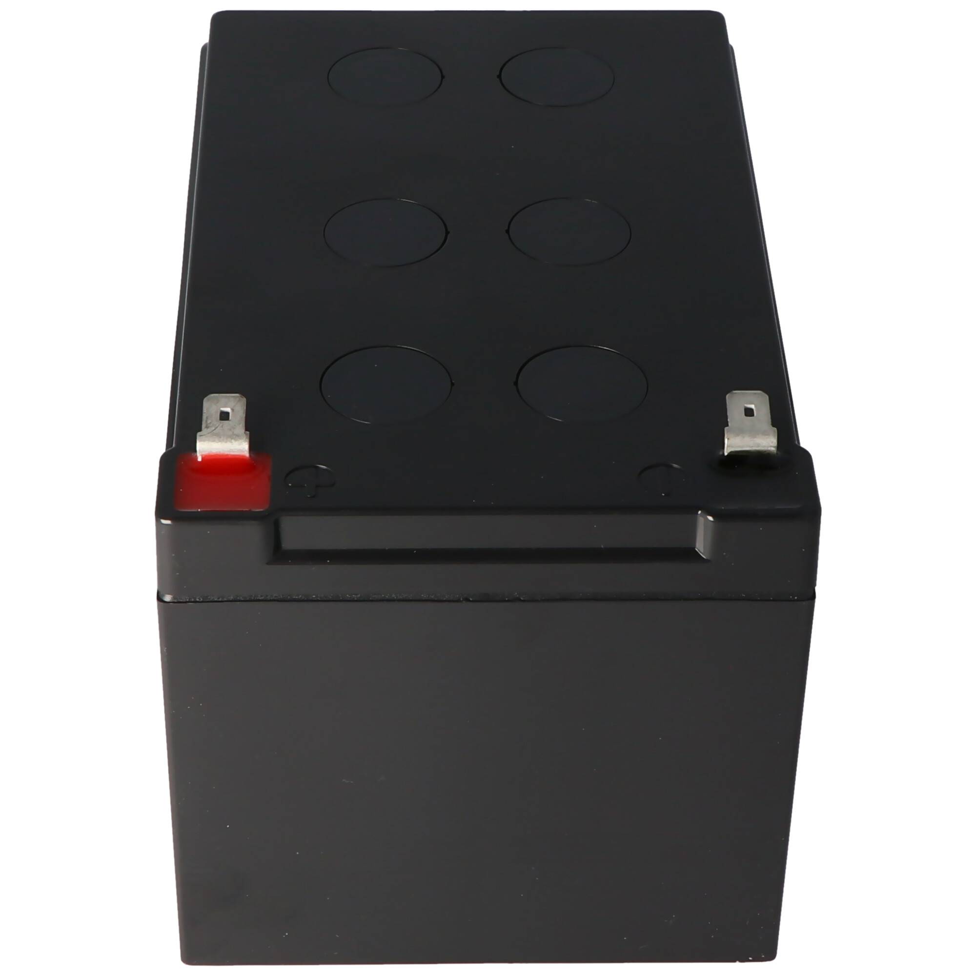 Schwarze versiegelte Bleiakku-Batterie mit zwei Metallanschlüssen, gezeigt auf einem einfachen weißen Hintergrund.