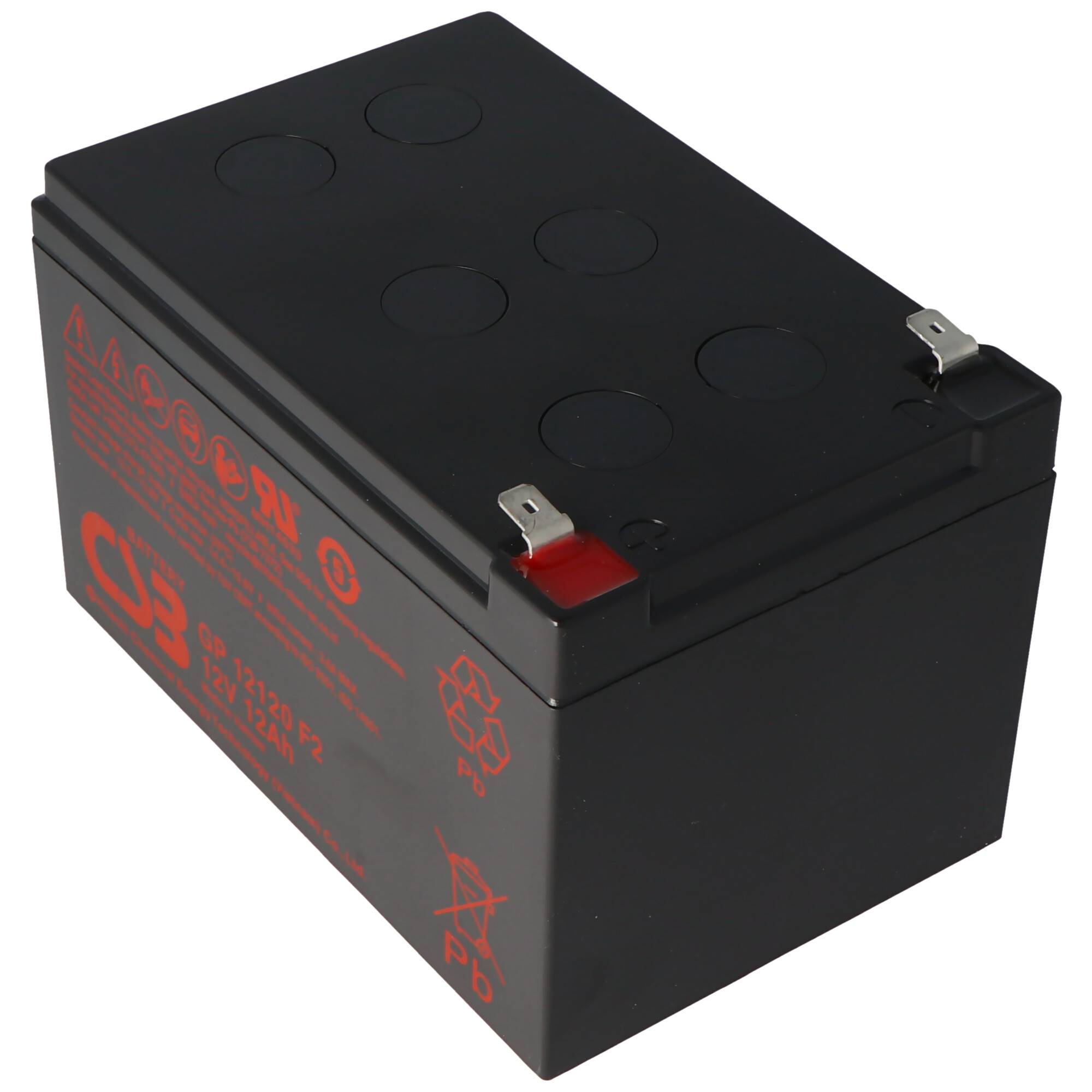 Schwarze versiegelte Bleiakku-Batterie mit roten Warnaufklebern und Metallklemmen oben, dargestellt auf weißem Hintergrund.