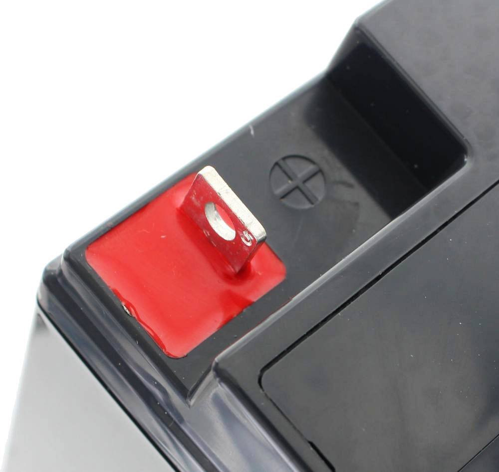 Nahaufnahme eines Batteriepols mit einem roten Pluspol-Stecker und schwarzem Gehäuse.