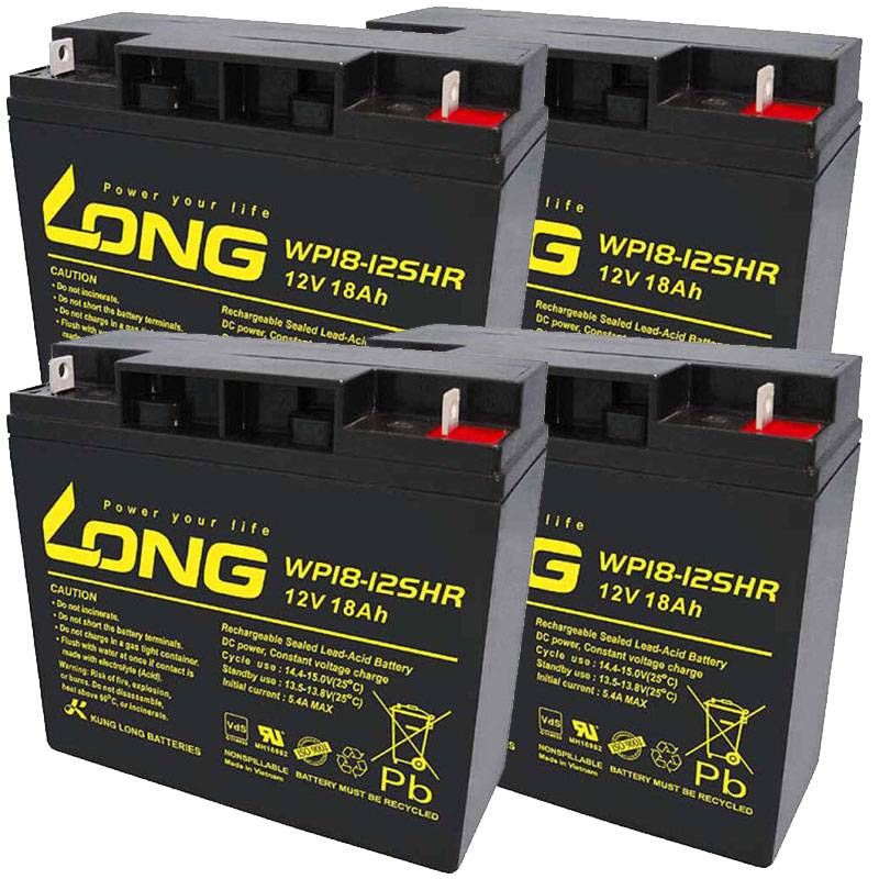 Vier schwarze LANGE wiederaufladbare versiegelte Blei-Säure-Batterien mit der Bezeichnung „WP18-12SHR 12V 18Ah