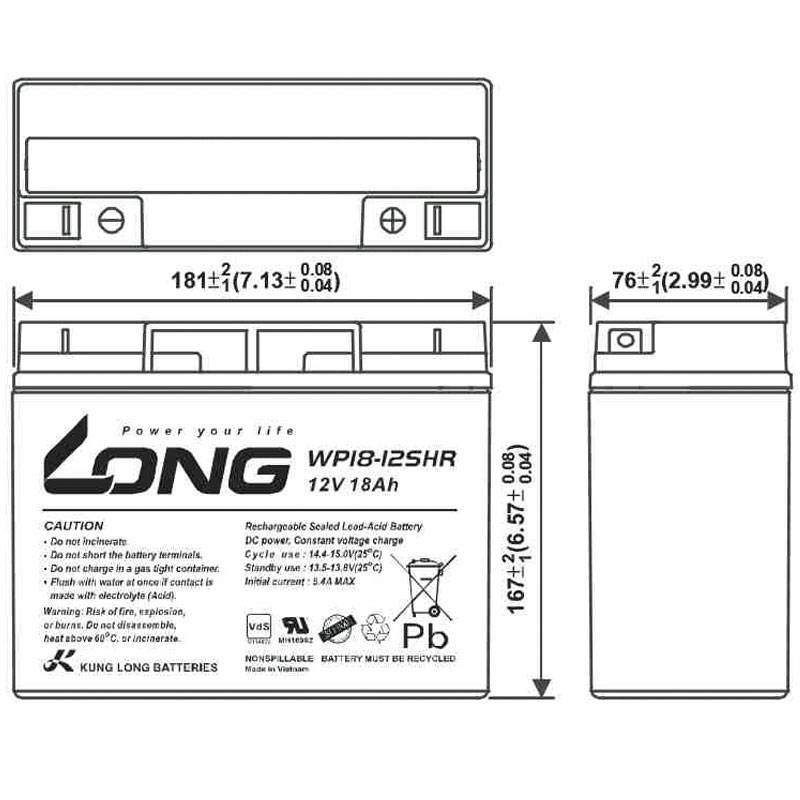 Technische Zeichnung einer LONG WPI8-12SHR 12V 18Ah versiegelten Blei-Säure-Batterie, dargestellt mit Vorder-, Draufsicht und Seitenansicht sowie Abmessungen.