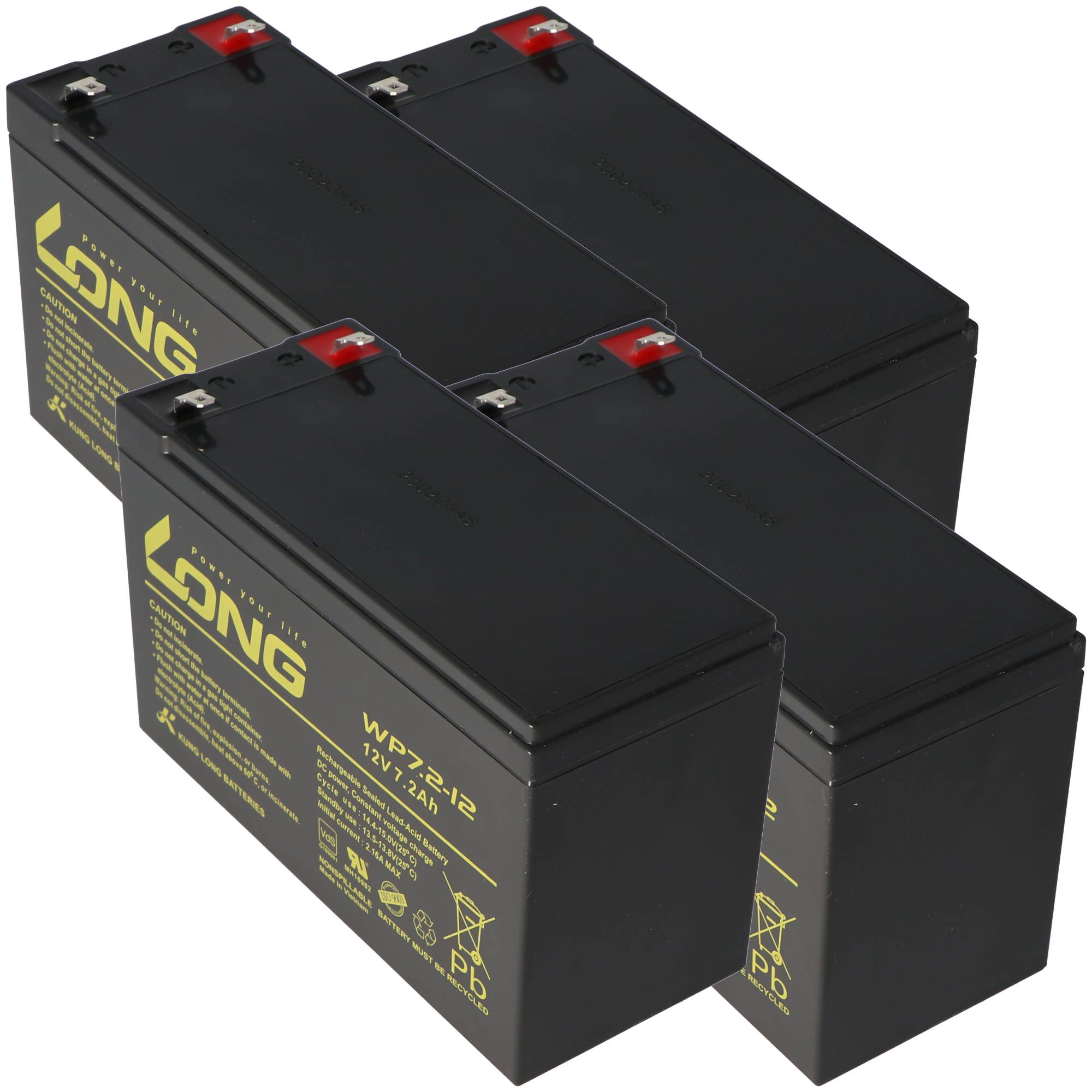 Vier schwarze 12V wiederaufladbare Batterien, in zwei Reihen gestapelt, jede mit roten und weißen Anschlüssen und gelbem 'LONG' Branding.