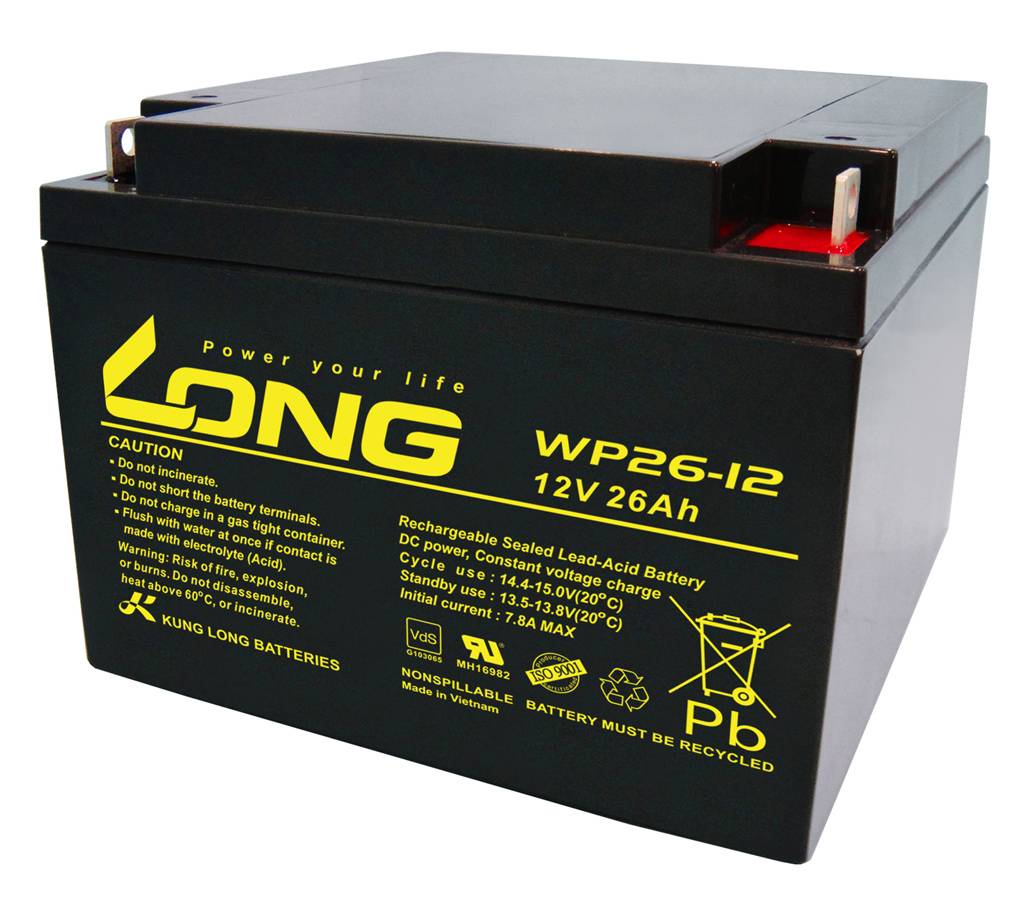 Schwarze 12V 26Ah wiederaufladbare verschlossene Blei-Säure-Batterie mit sichtbaren Anschlüssen und gelbem 