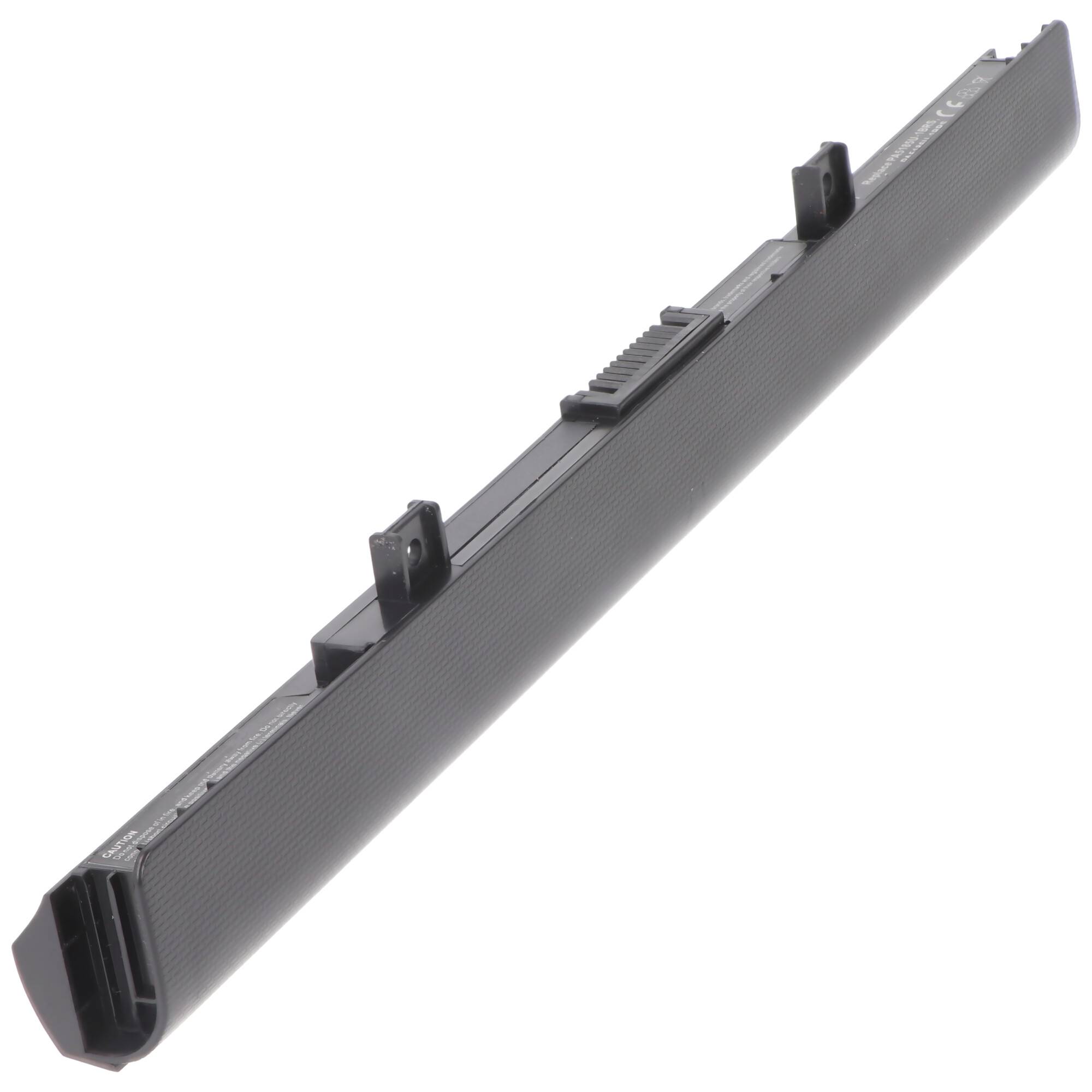 Ein schwarzer Laptop-Akku mit zwei Verriegelungslaschen und mehreren Steckerkontakten, entwickelt für Tragbarkeit und Energiespeicherung in Laptops.