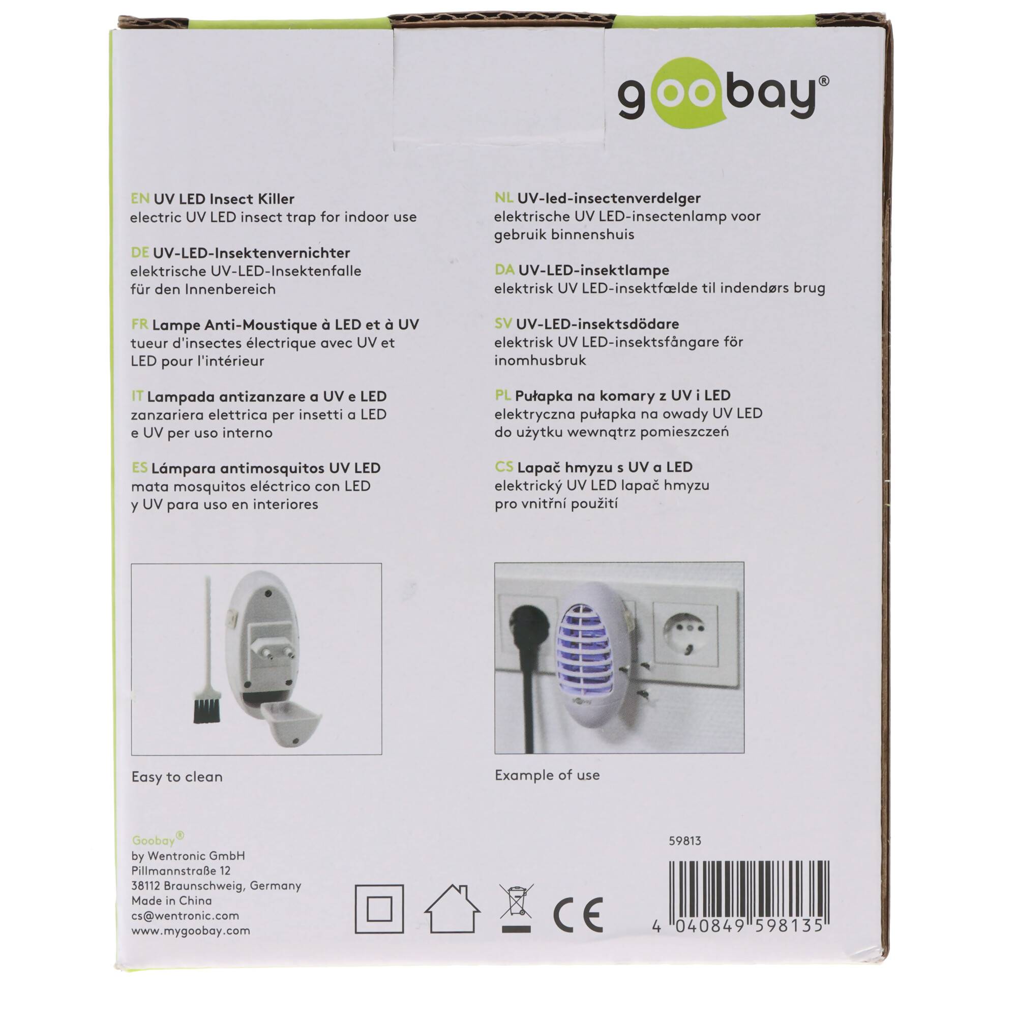 Rückseite einer Goobay UV-LED-Insektenvernichter-Verpackung mit mehrsprachigen Produktbeschreibungen, Nutzungsfotos und Barcode.