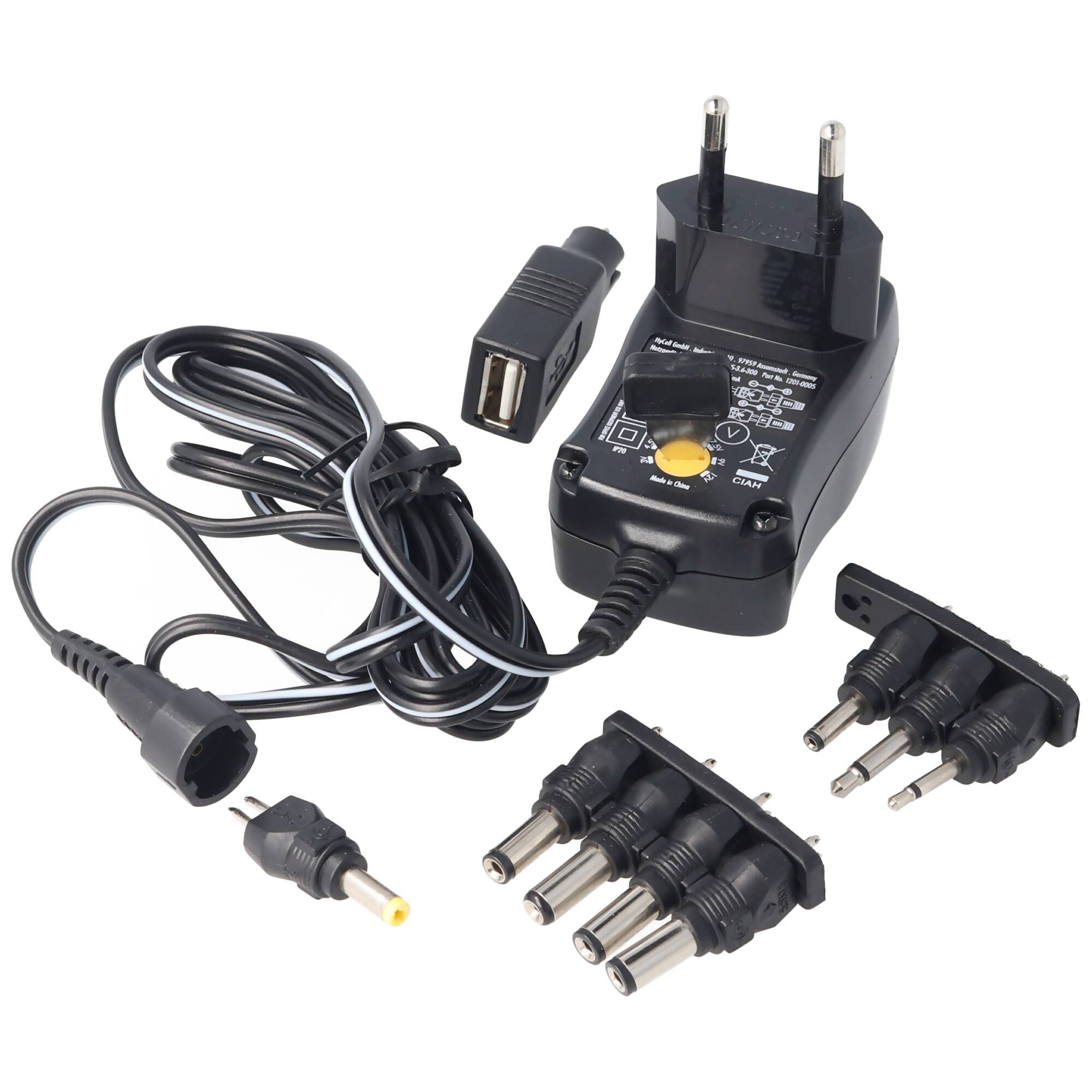 3 Volt bis 12 Volt Universal-Netzteil inklusive 1 USB- und 8 DC-Adaptern, max. 3,6 W und 0,3A