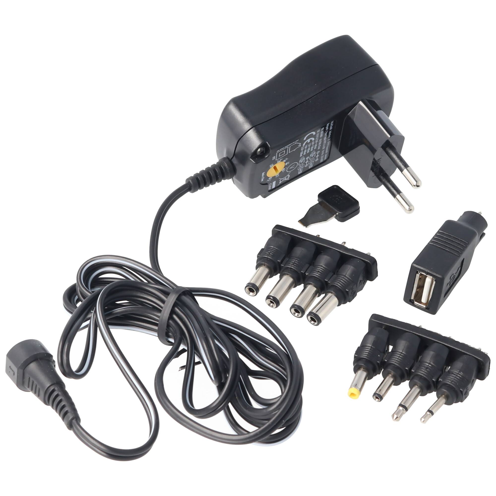 3 Volt bis 12 Volt Universal-Netzteil inklusive 1 USB- und 8 DC-Adaptern, max. 3,6 W und 0,3A