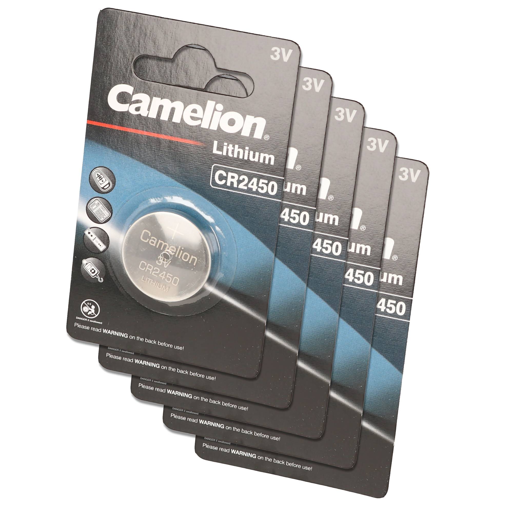 Stapel von Camelion 3V Lithium CR2450 Batterien in Blisterverpackung, dargestellt als fünf übereinander liegende Einzelhandelspakete.