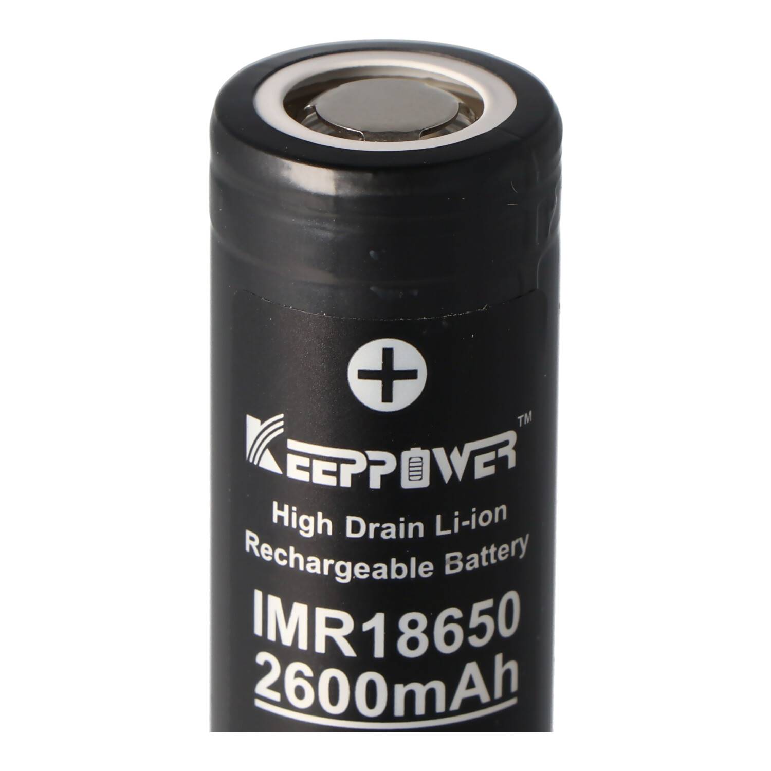 Schwarzer zylindrischer wiederaufladbarer Li-Ionen-Akku vom Typ 18650 mit der Bezeichnung „2600mAh" und sichtbarem Pluspol.