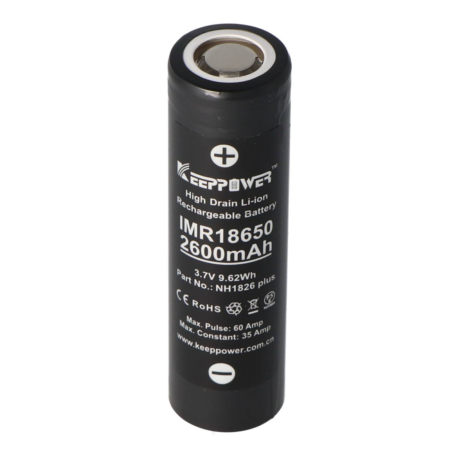 Schwarze Keeppower IMR18650 wiederaufladbare Lithiumbatterie, 2600mAh, aufrecht auf weißem Hintergrund dargestellt.