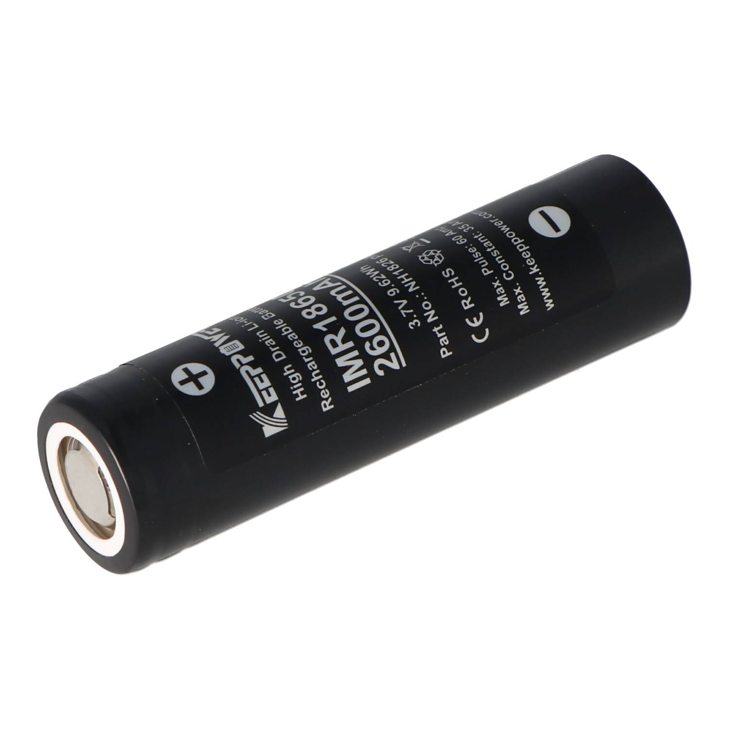 Schwarze zylindrische wiederaufladbare Batterie mit der Bezeichnung „INR18650" mit sichtbaren Plus- und Minuspolen auf weißem Hintergrund.