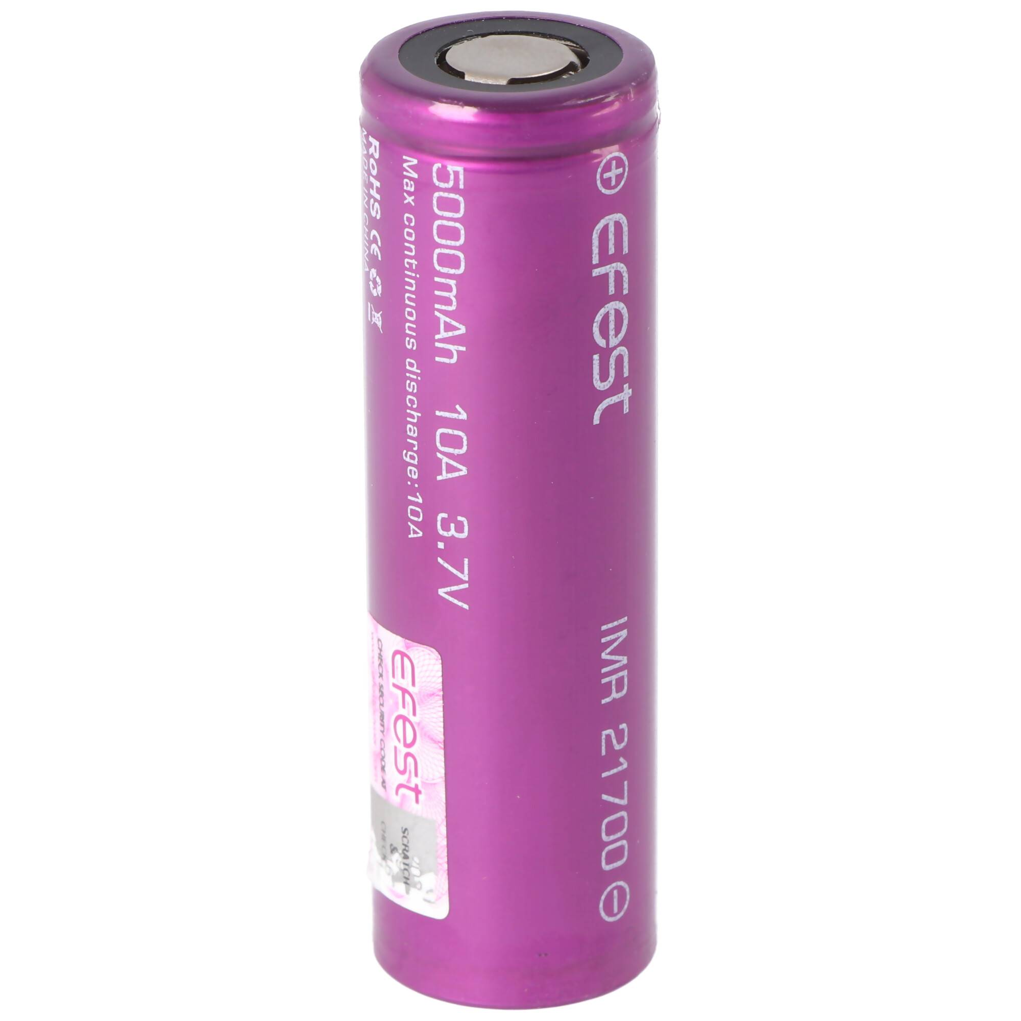 Lila Efest 21700 Lithium-Ionen Akku mit Aufschrift 5000mAh, 3,7V und 10A.