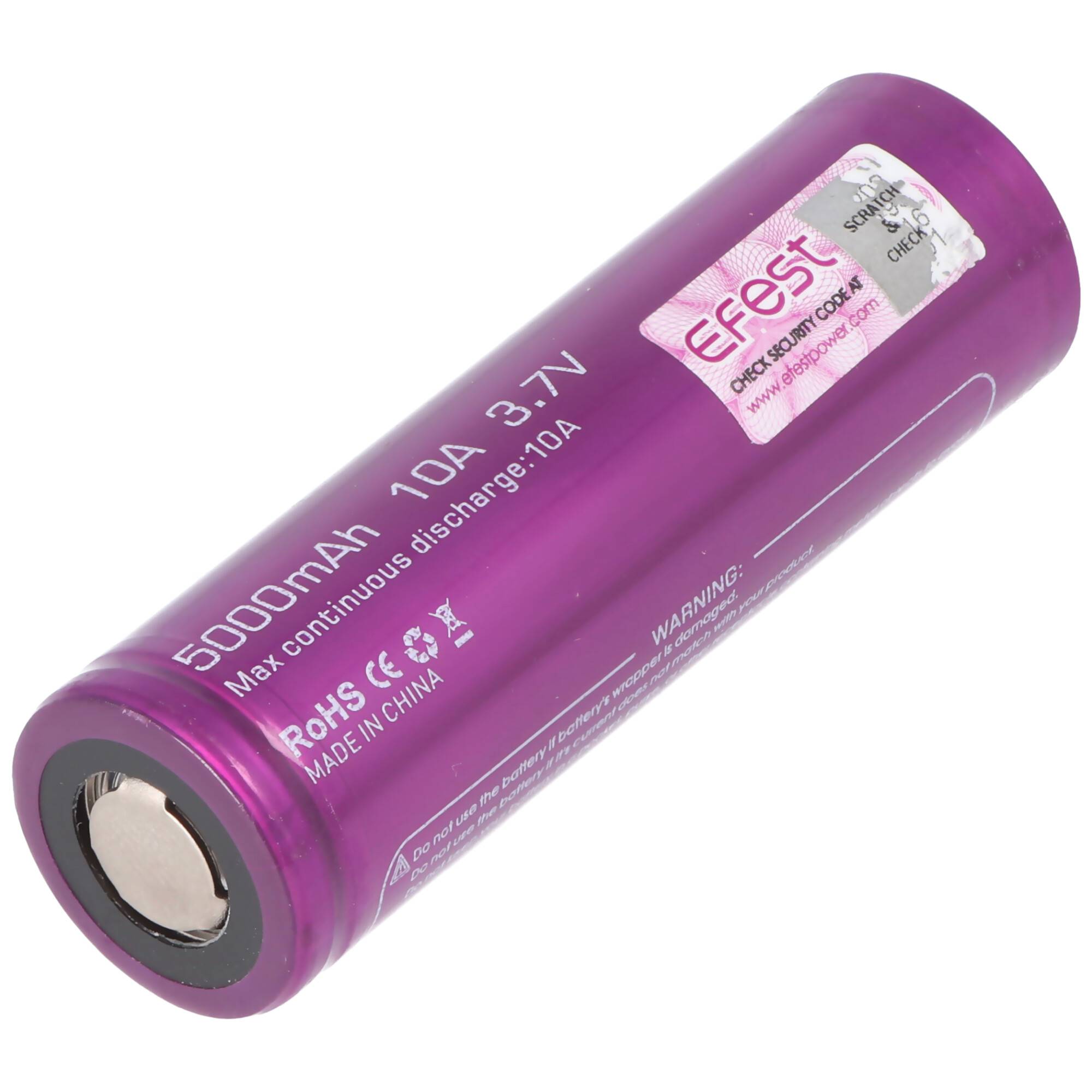Violette zylindrische wiederaufladbare Batterie mit der Beschriftung 