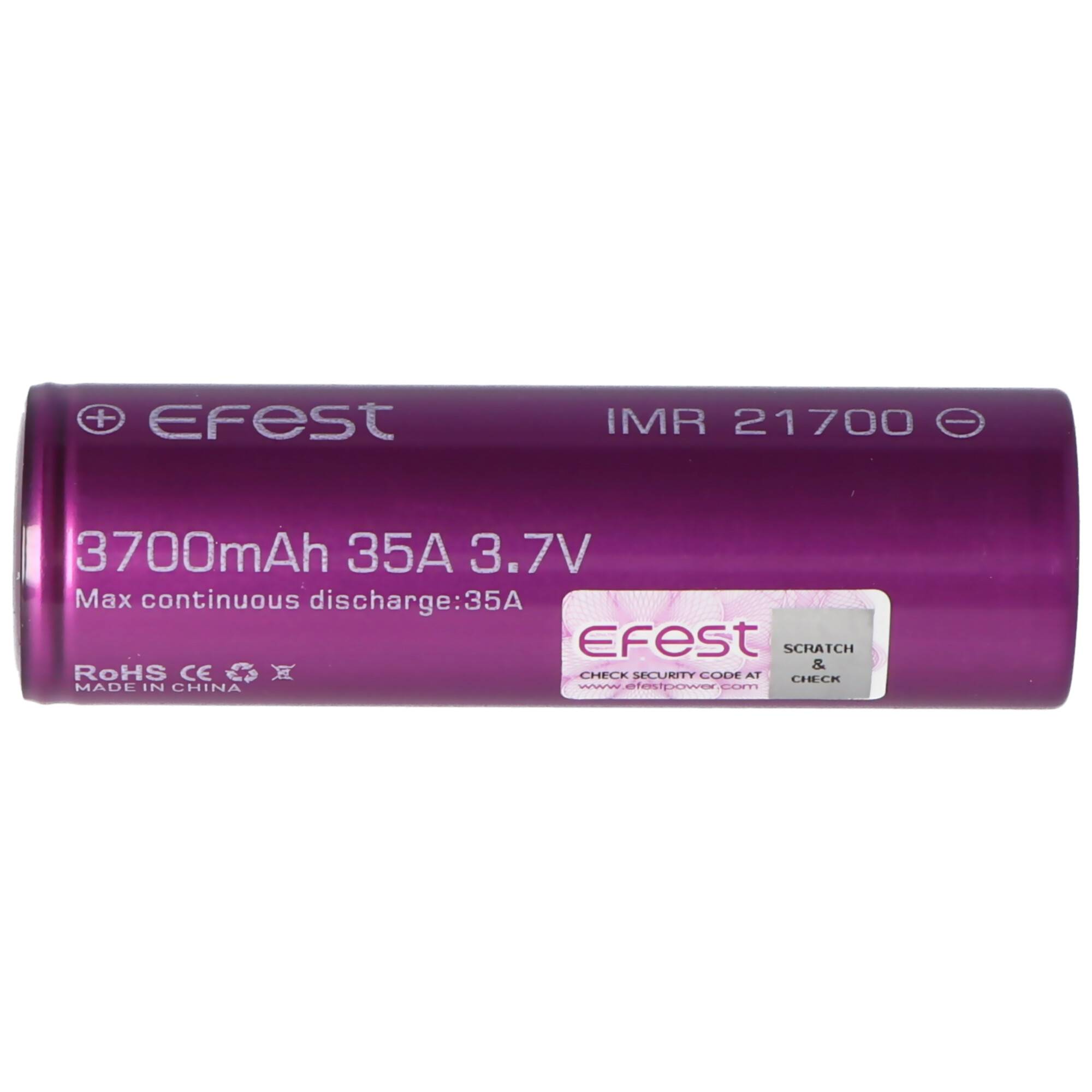 Efest IMR21700 - 3700mAh Li-Ion-Akku, 3,6V - 3,7V min. 3630mAh typ. 3700mAh maximal 30A Stromabgabe (Flat Top), 21,6mm x