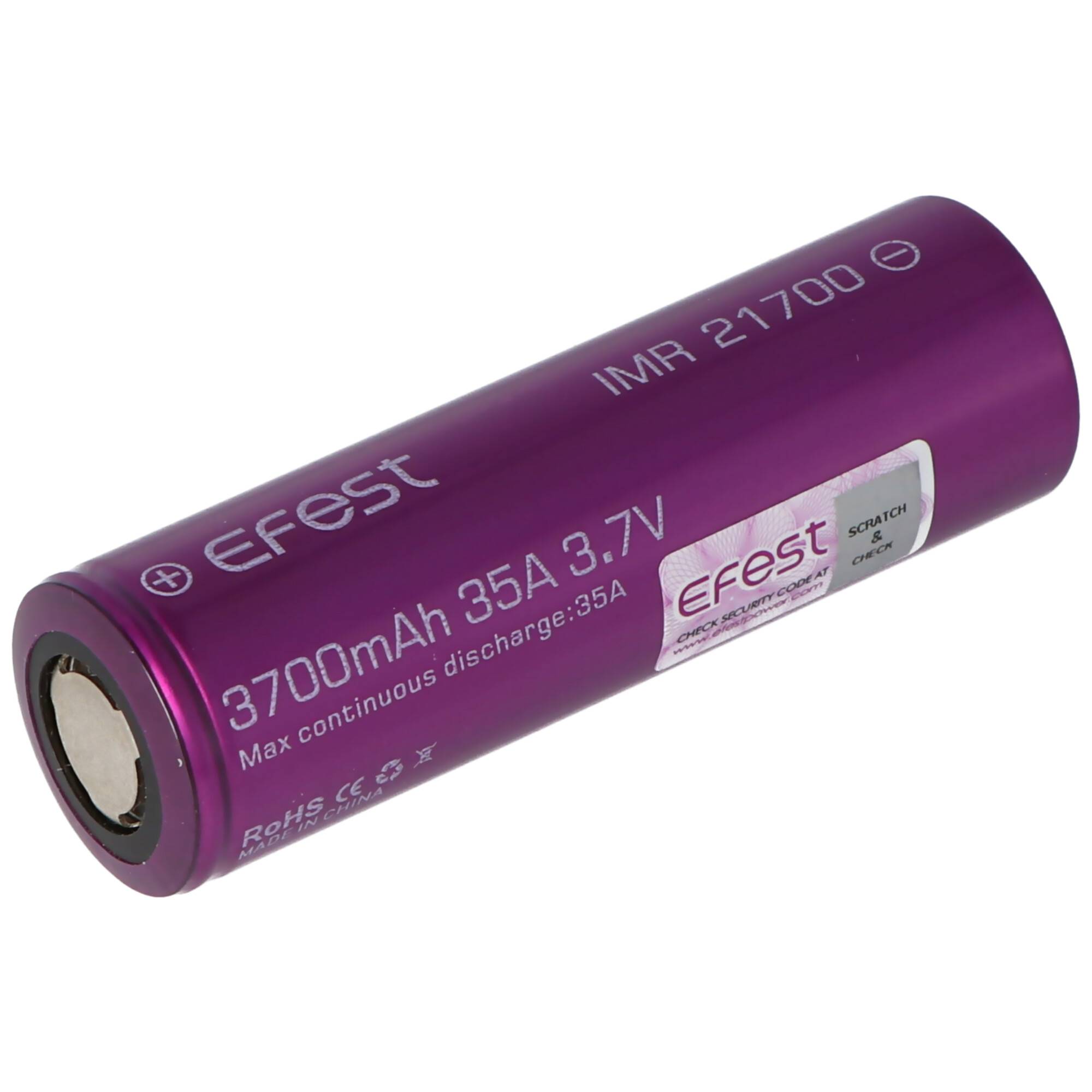 Efest IMR21700 - 3700mAh Li-Ion-Akku, 3,6V - 3,7V min. 3630mAh typ. 3700mAh maximal 30A Stromabgabe (Flat Top), 21,6mm x