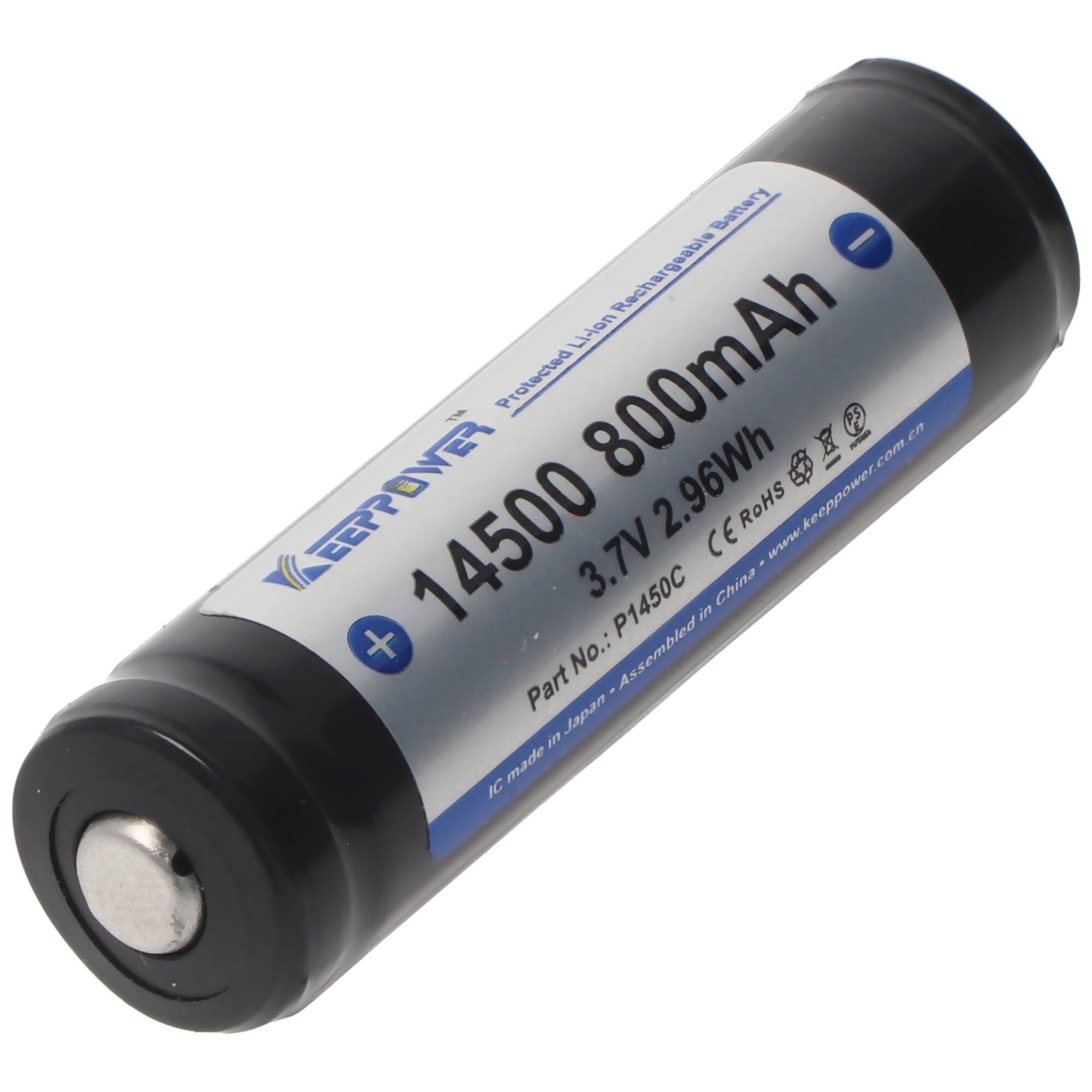Keeppower 14500 mit 800mAh, 3,7V Li-Ion-Akku geschützt, 52 x 14,3mm Abmessungen
