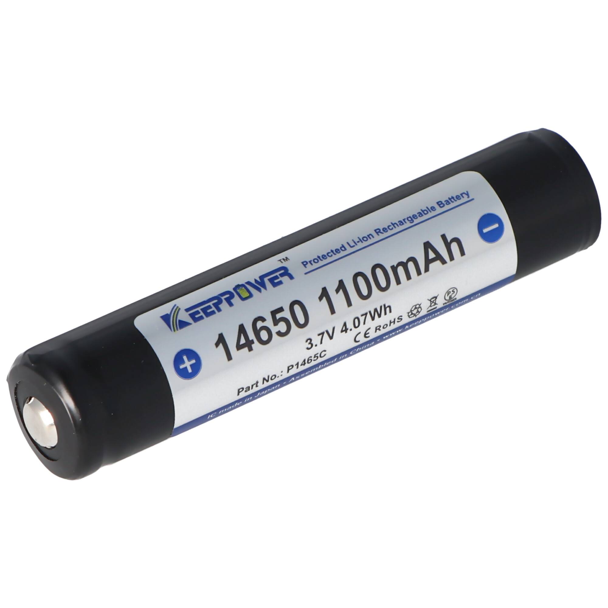 Keeppower 14650 1100mAh, 3,6V - 3,7V Li-Ion-Akku PCB geschützt, Abmessungen 67,45x14,15
