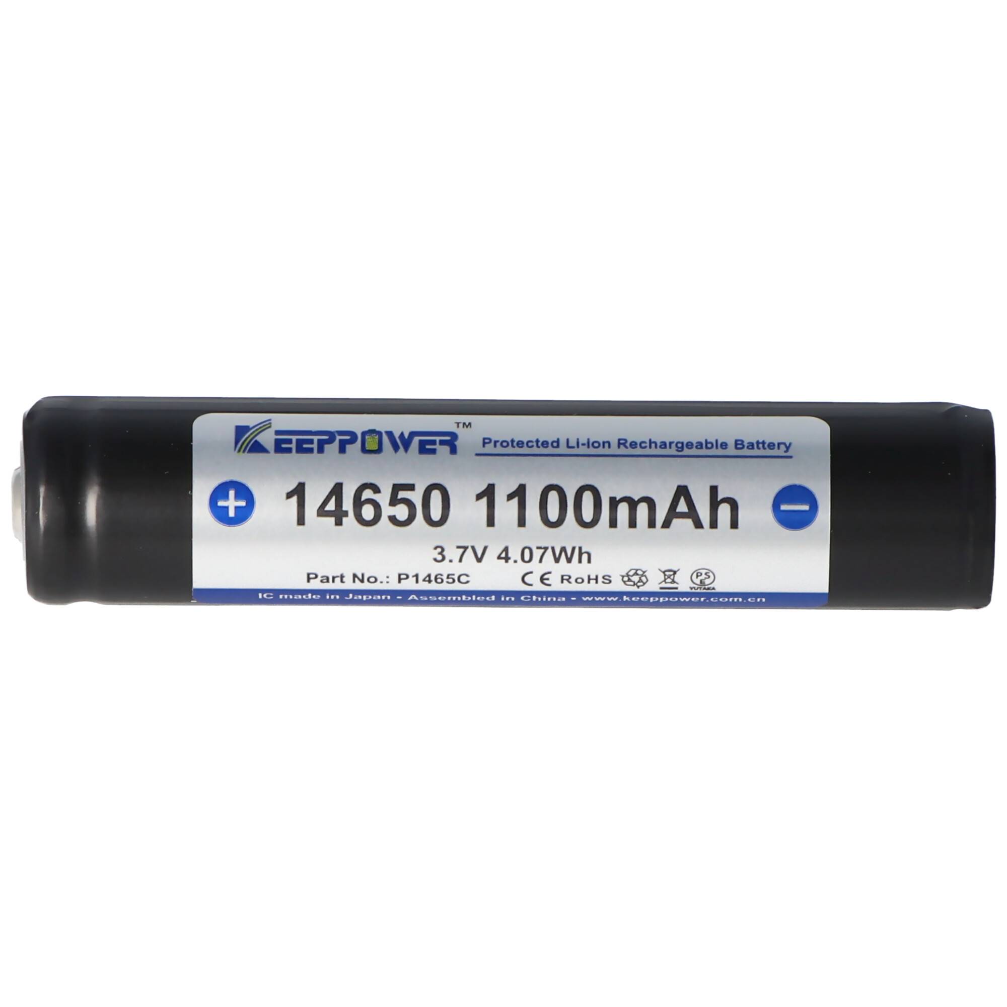 Keeppower 14650 1100mAh, 3,6V - 3,7V Li-Ion-Akku PCB geschützt, Abmessungen 67,45x14,15