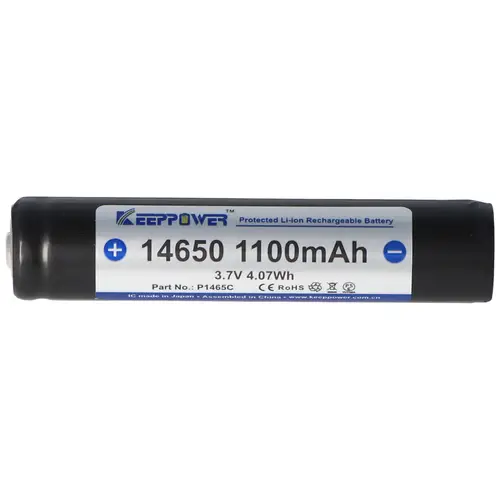 Keeppower 14650 1100mAh, 3,6V - 3,7V Li-Ion-Akku PCB geschützt, Abmessungen 67,45x14,15 Keeppower 14650 1100mAh, 3,6V - 3,7V Li-Ion-Akku PCB geschützt, Abmessungen 67,45x14,15