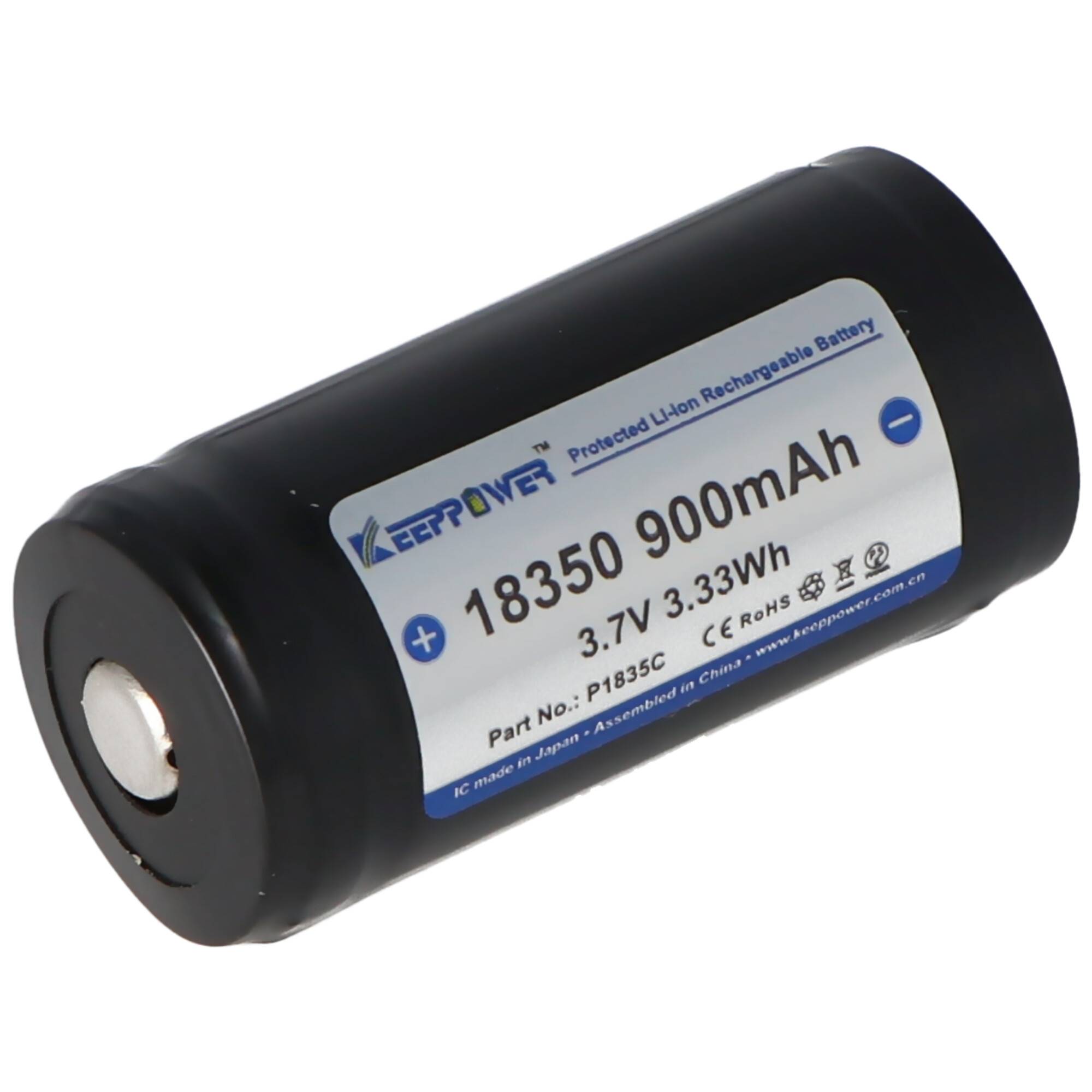 Keeppower 18350 - 900mAh, 3,7V Li-Ion-Akku geschützt, Abmessungen 38,2x18,45mm