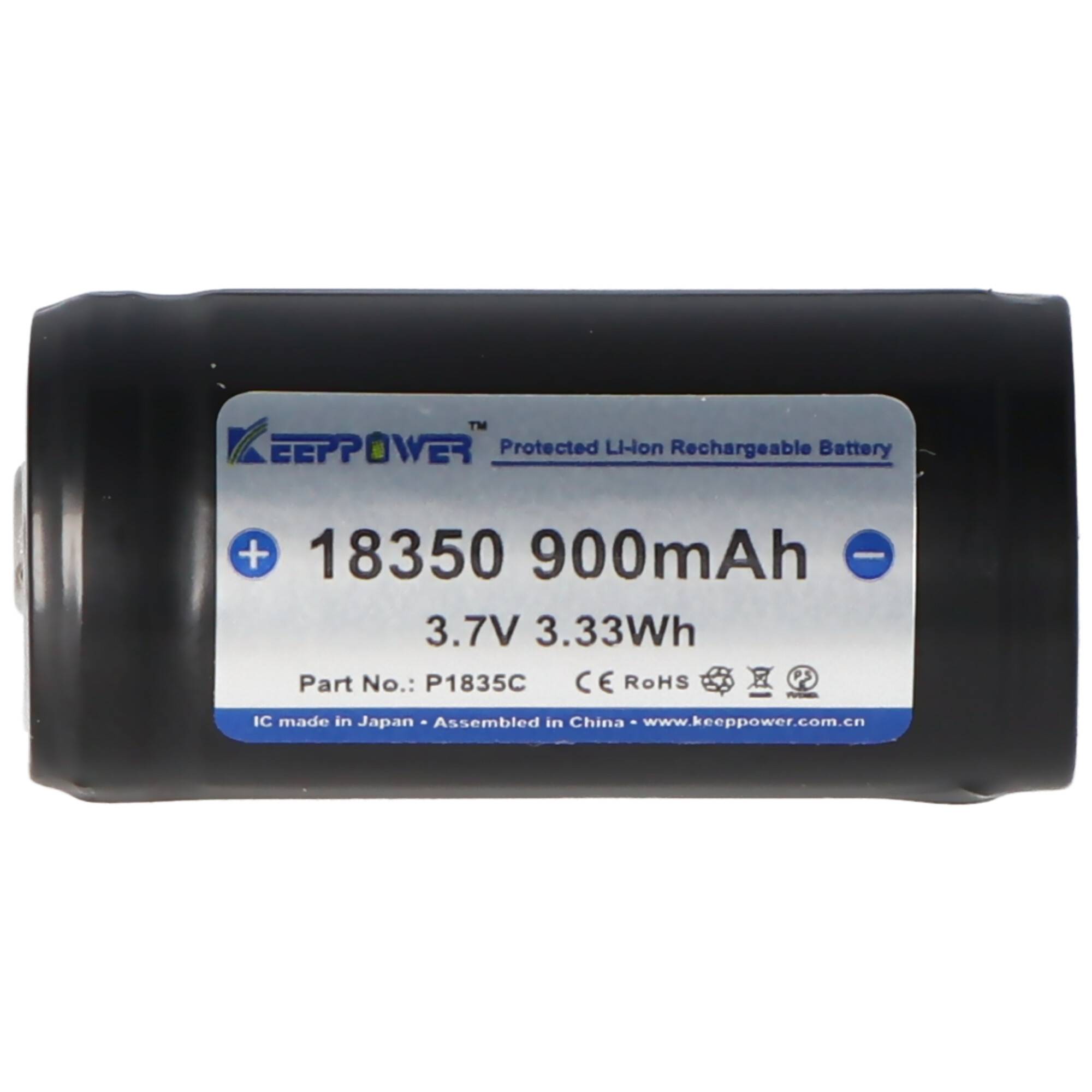Keeppower 18350 - 900mAh, 3,7V Li-Ion-Akku geschützt, Abmessungen 38,2x18,45mm