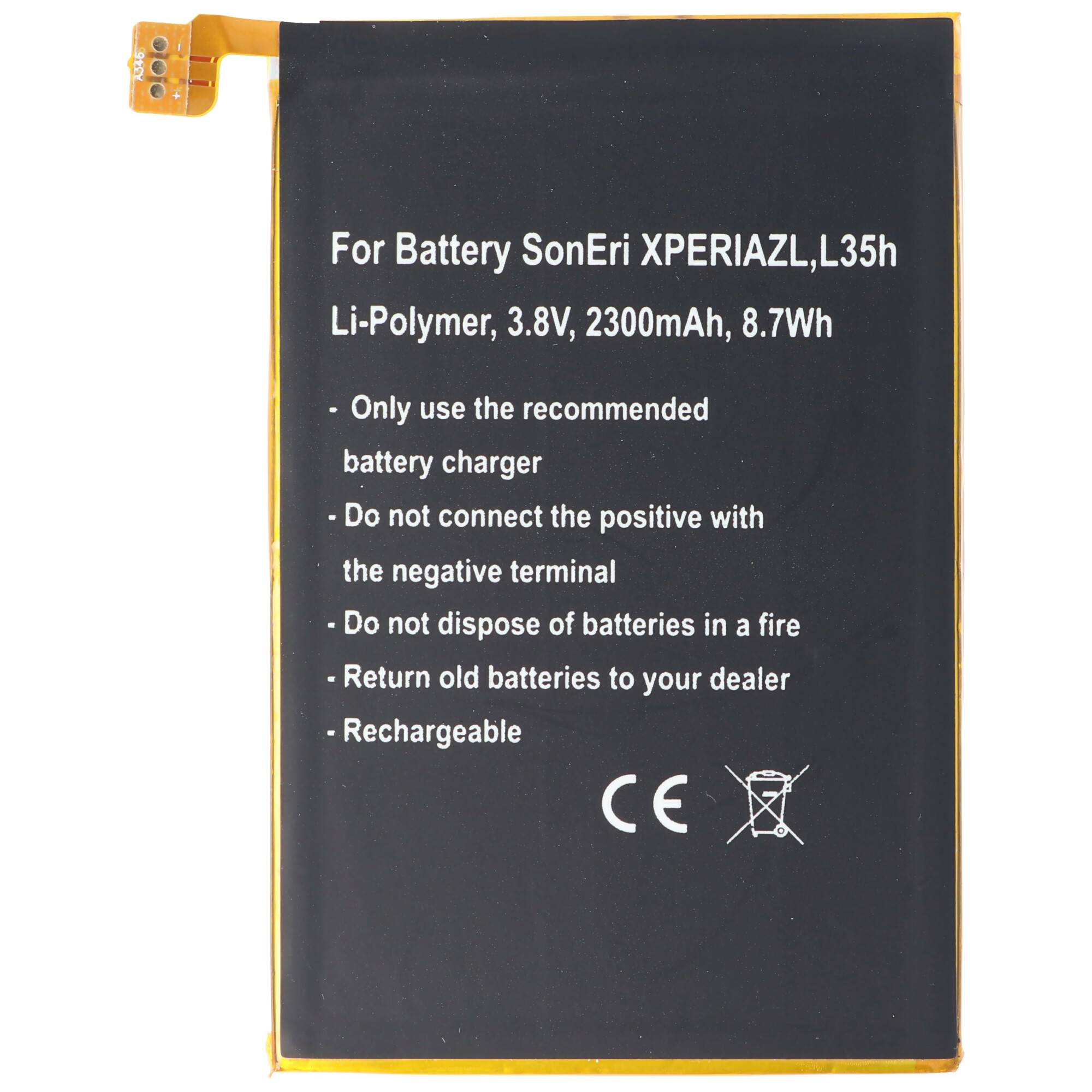 Akku passend für Sony Ericsson XPERIA ZL, L35h, Li-Polymer, 3,8V, 2300mAh, 8,7Wh, built-in, ohne Werkzeug
