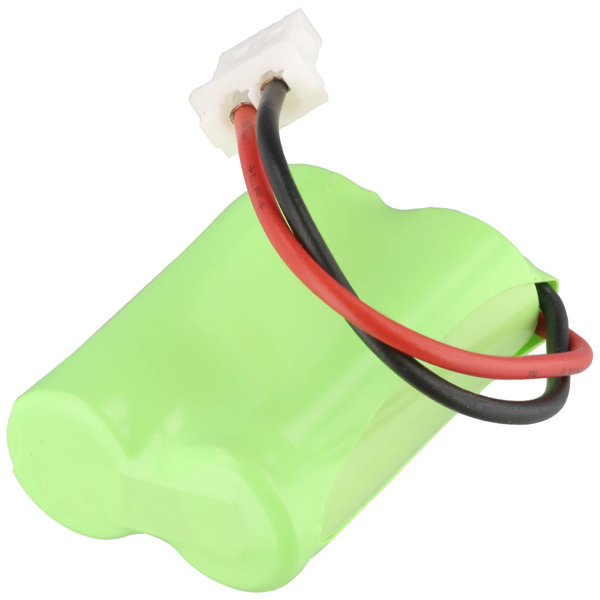 Grünes wiederaufladbares Batteriepaket mit roten und schwarzen Stromkabeln und weißem Stecker.