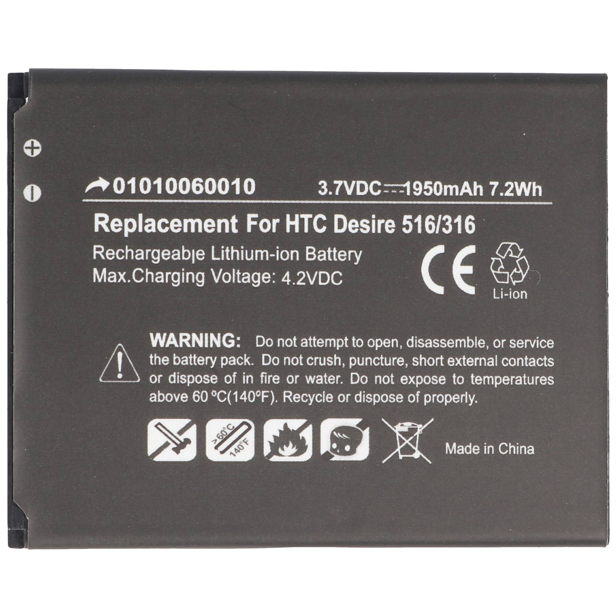 Akku passend für HTC Desire 516, 316, Li-Ion, 3,7V, 1950mAh, 7,2Wh