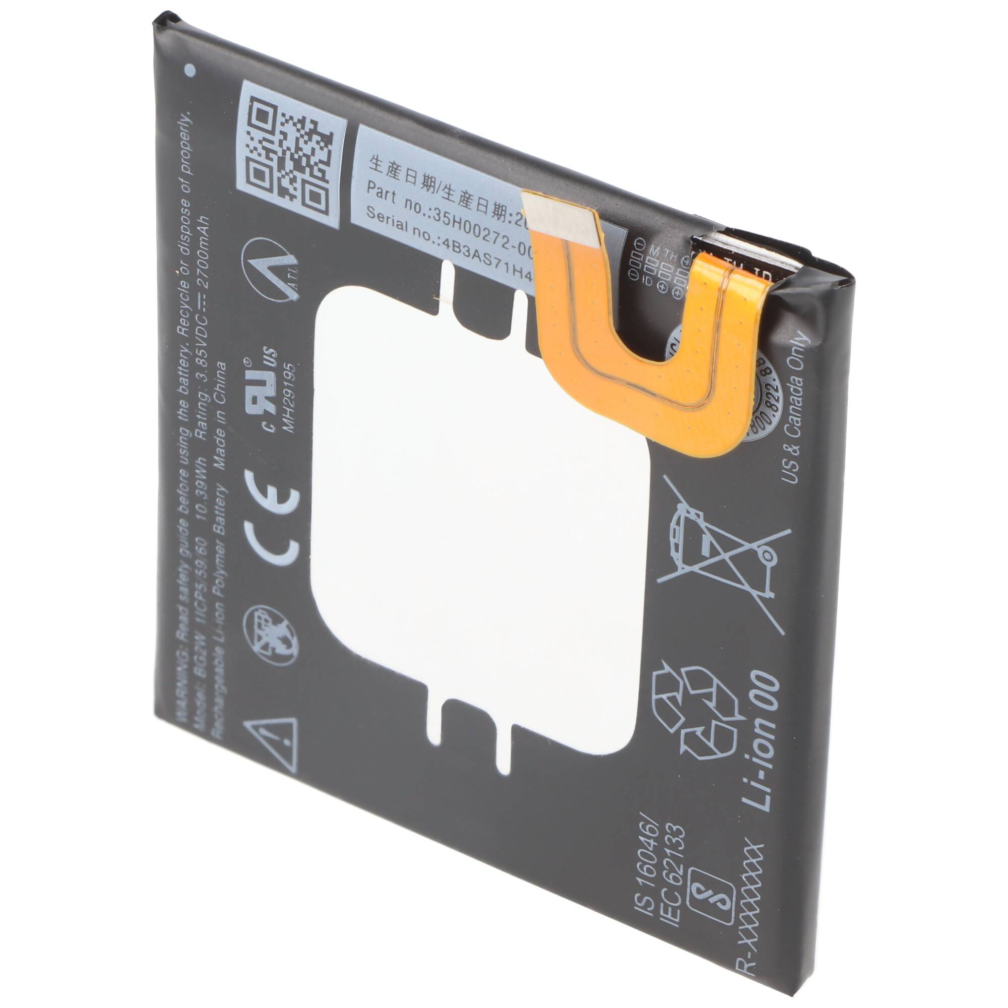 Akku passend für Google Pixel 2, Li-Polymer, 3,85V, 2770mAh, 10,7Wh, built-in, ohne Werkzeug