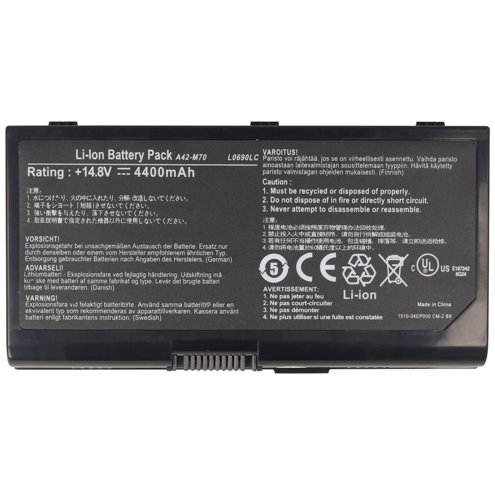 Akku passend für ASUS F70, G71, A42-M70, Li-Ion, 14,8V, 4400mAh, 65,1Wh, black