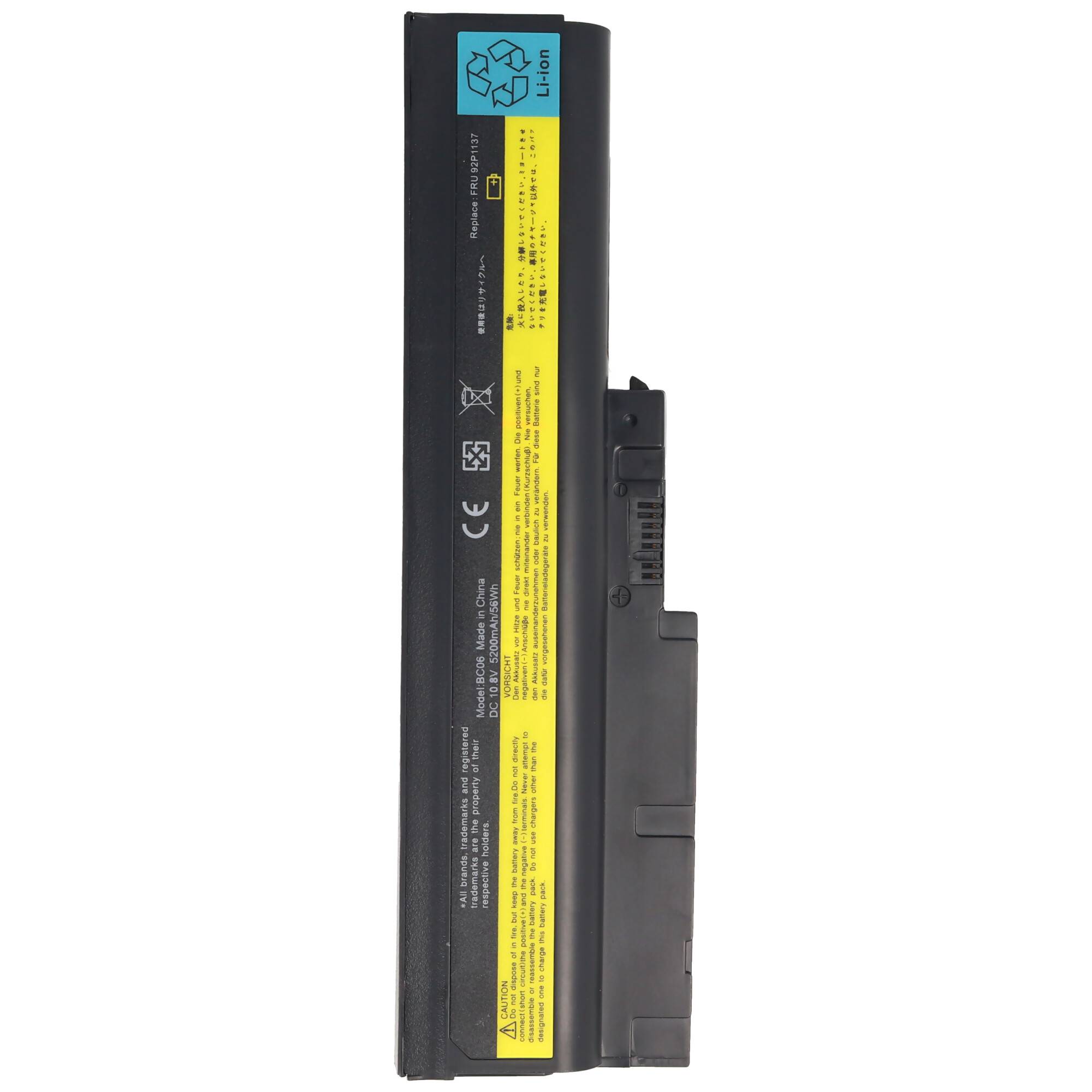 Akku passend für IBM/Lenovo ThinkPad R60, T60, Li-Ion, 10,8V-11,1V, 5200mAh, 56,2Wh, black