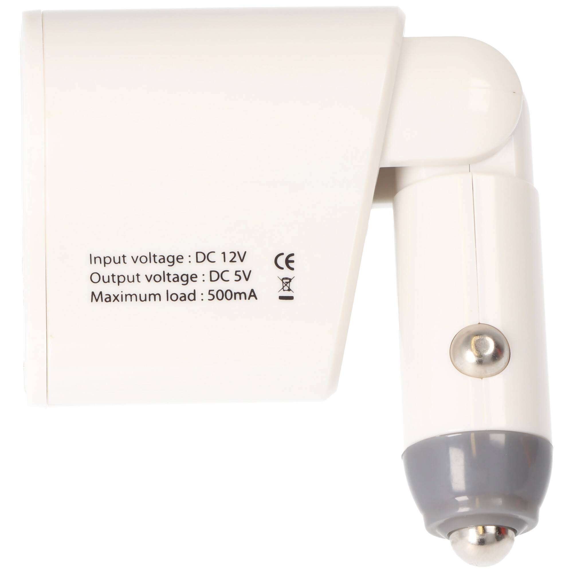 Weißer DC-DC Stromadapter mit der Aufschrift „Eingangsspannung: DC 12V, Ausgangsspannung: DC 5V, Maximale Last: 500mA