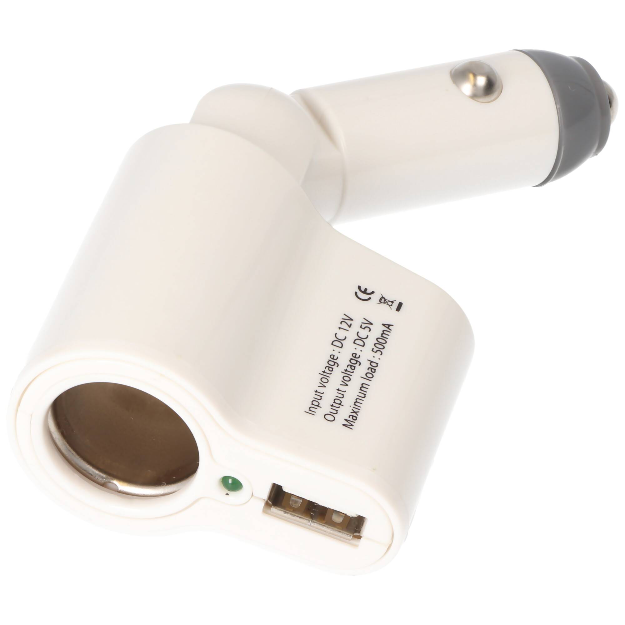 Weißer Autoladeadapter mit einem USB-Anschluss und gedruckten Spezifikationen, auf einfachem weißem Hintergrund dargestellt.