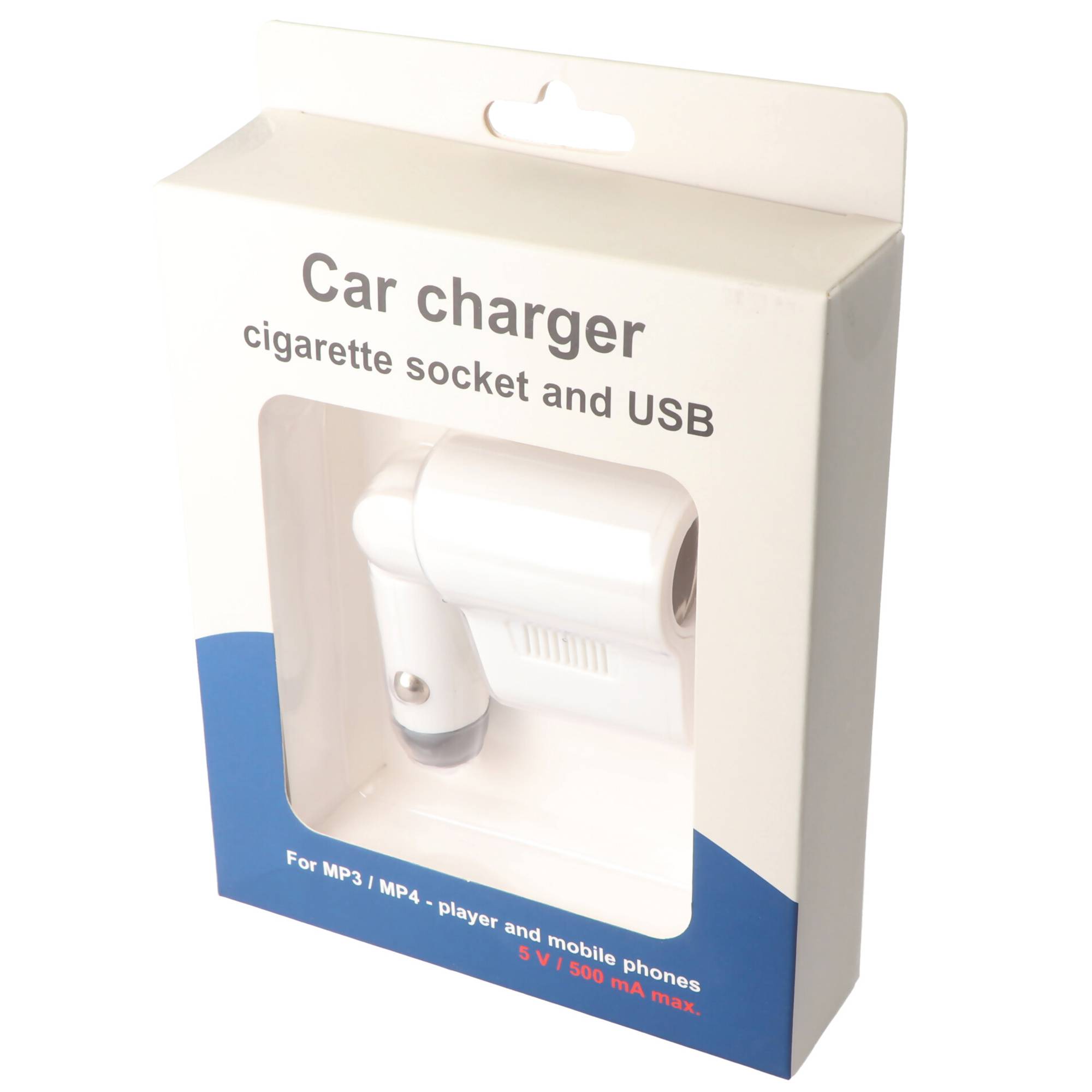 Paket eines Autoladers mit Zigarettenstecker und USB, dargestellt in einer Einzelhandelsbox mit Kennzeichnung für MP3-/MP4-Player und Mobiltelefone.